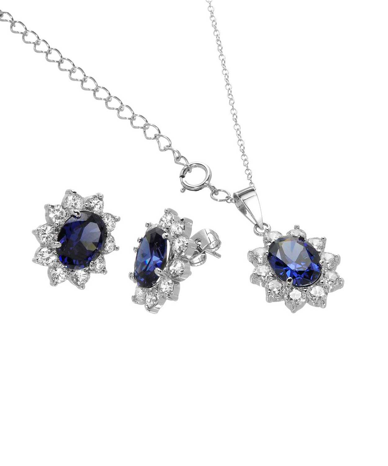 Simulated Royal Blue Sapphire and Brilliant Cut Cubic Zirconia Rhodium Plated 925 Sterling Silver Flower Jewelry Set View 3