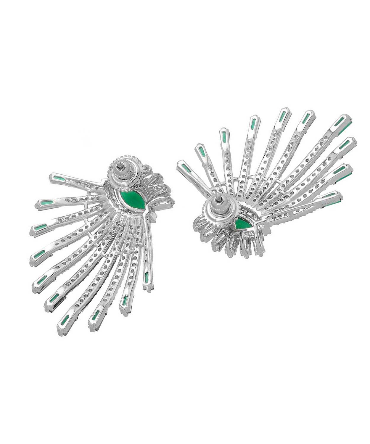 Royal Green and Brilliant Cut Cubic Zirconia Rhodium Plated 925 Sterling Silver Fashion Earrings View 2