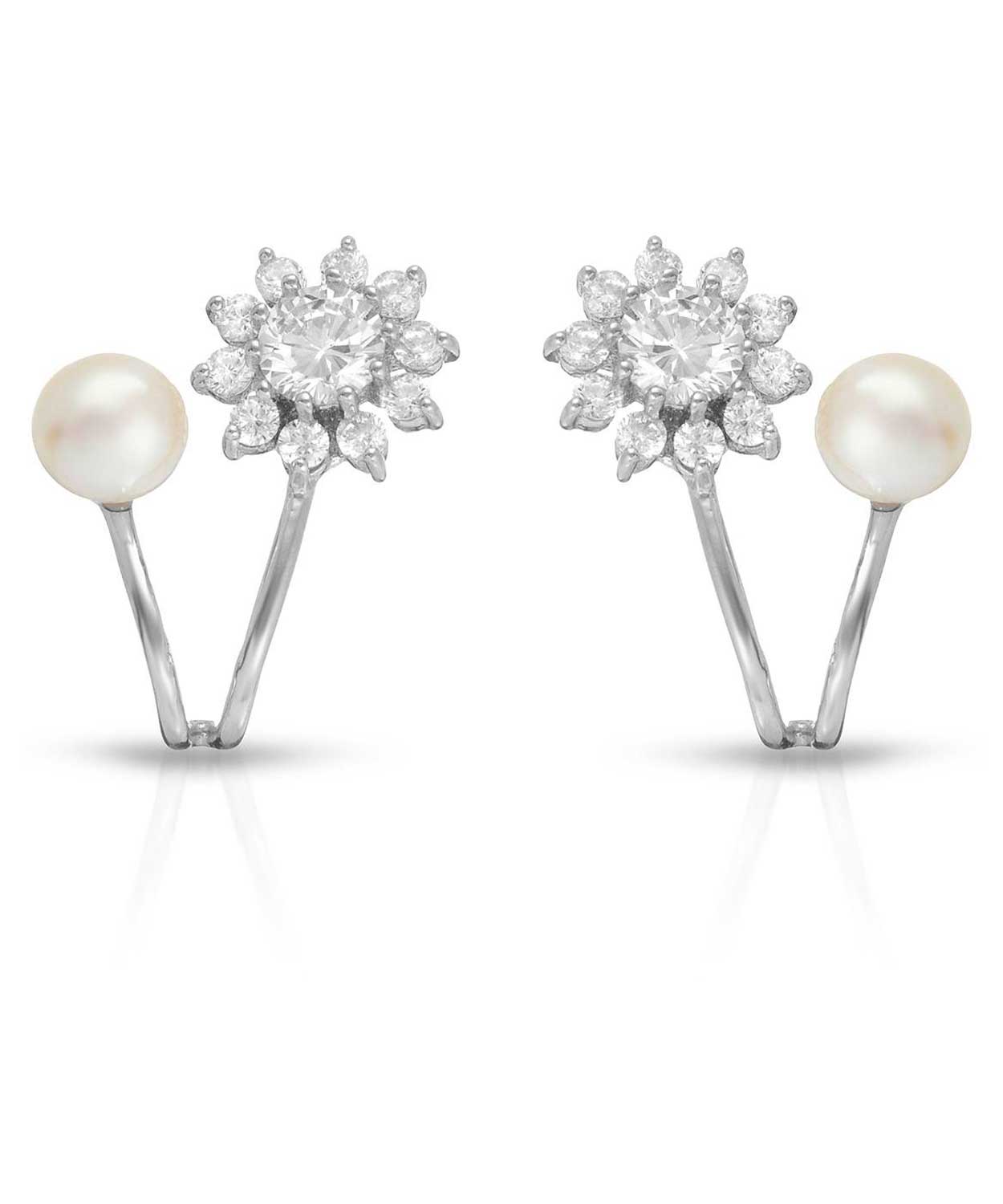 Brilliant Cut Cubic Zirconia and Freshwater Pearl 925 Sterling Silver Flower Earrings View 1