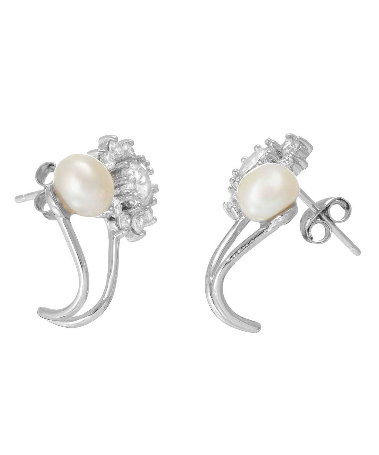 Brilliant Cut Cubic Zirconia and Freshwater Pearl 925 Sterling Silver Flower Earrings View 2
