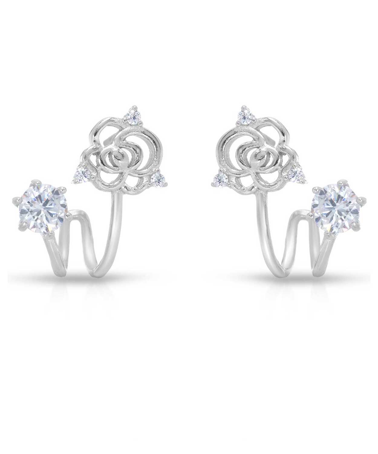 Brilliant Cut Cubic Zirconia Rhodium Plated 925 Sterling Silver Flower Earrings View 1