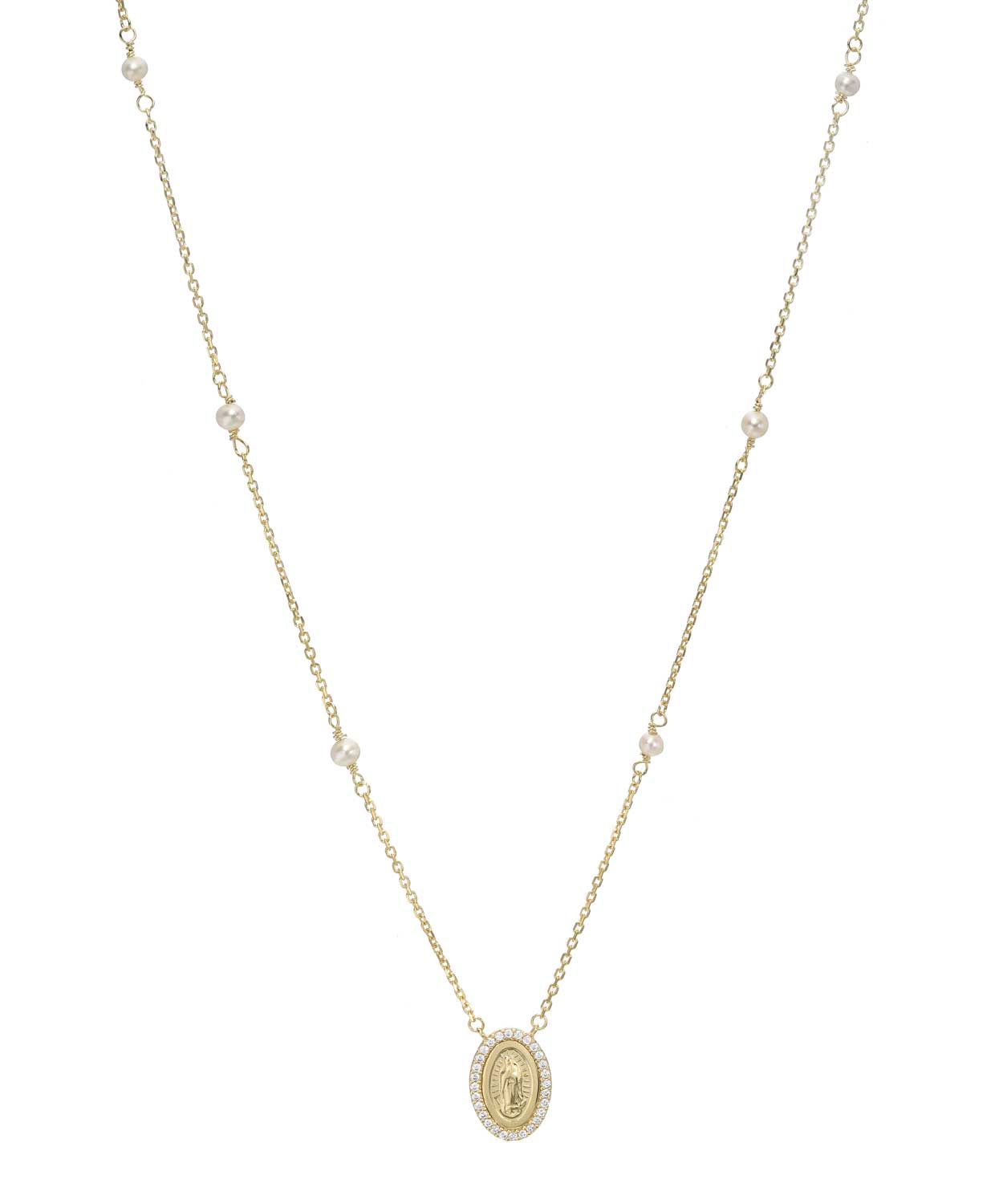 Natural White Freshwater Pearl and Brilliant Cut Cubic Zirconia 14k Yellow Gold Rosary Necklace View 1