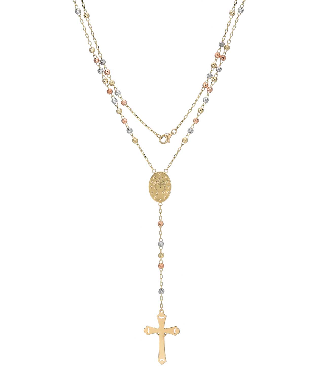 14k Tri-Tone Gold Rosary Necklace View 3