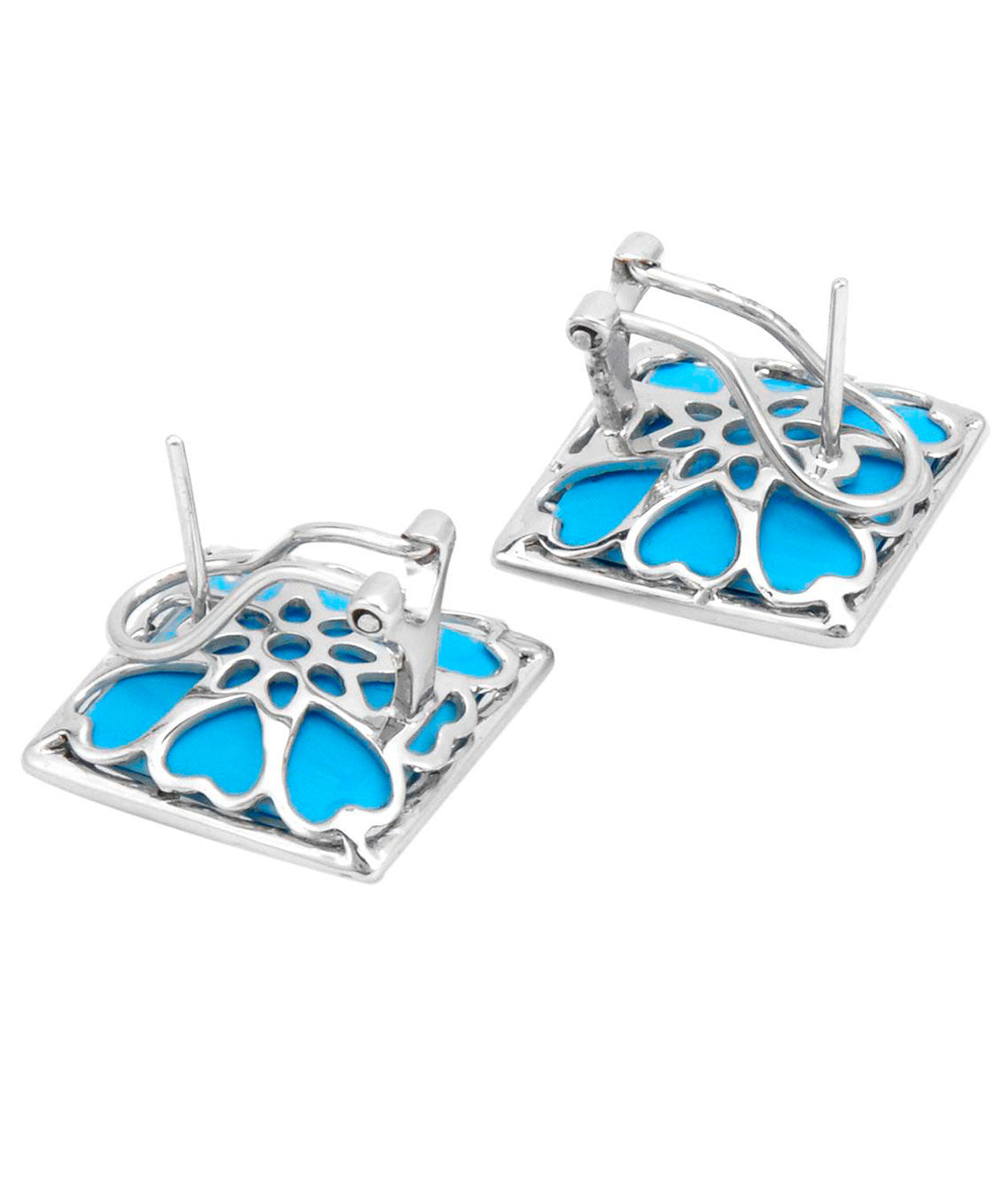 9.07 ctw Natural Turquoise and Diamond 14k White Gold Square Cocktail Earrings View 2
