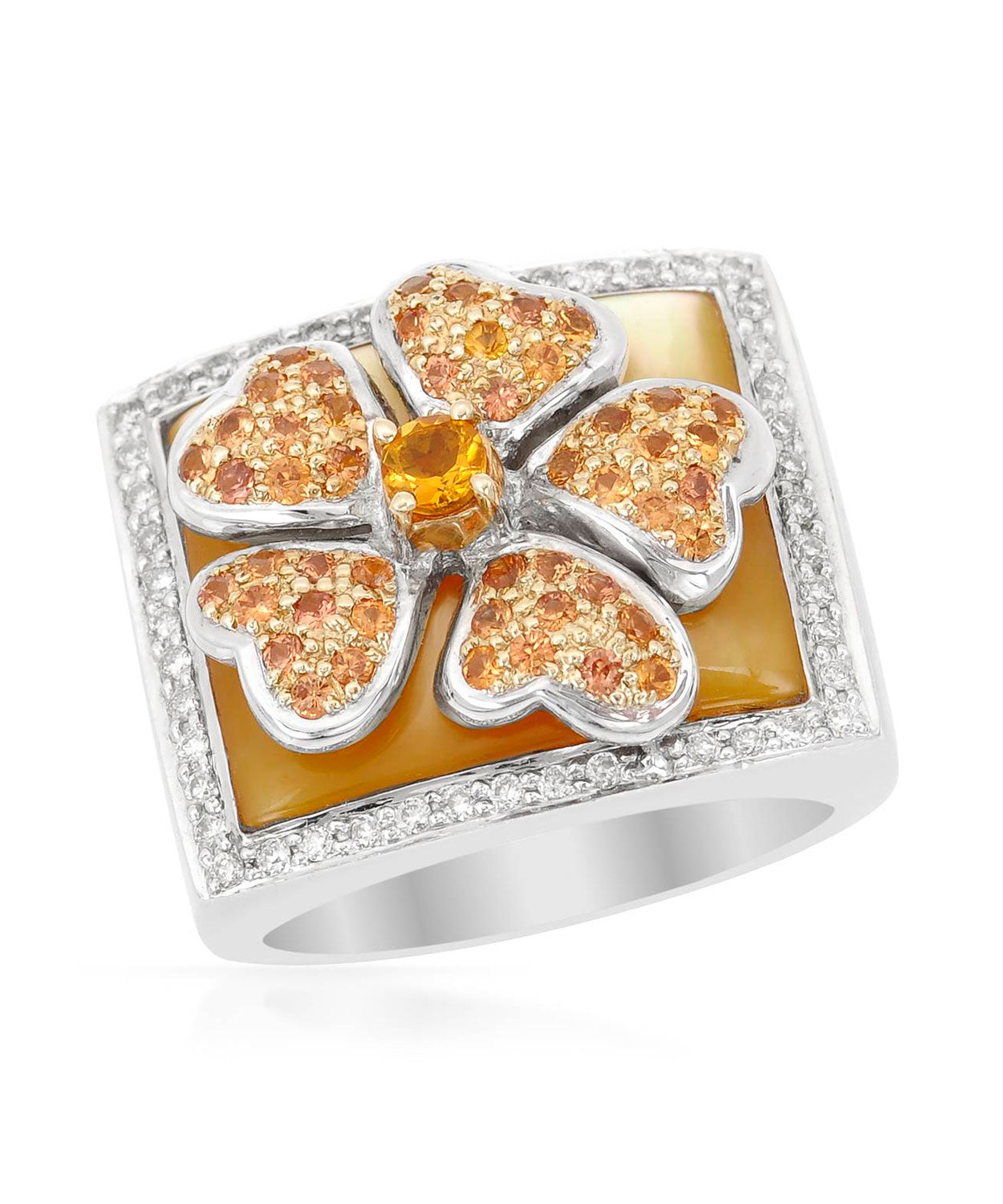 1.01 ctw Natural Orange Sapphire, Diamond and Citrine 18k Gold Flower Cocktail Ring - With Mother Of Pearl Inlay View 1