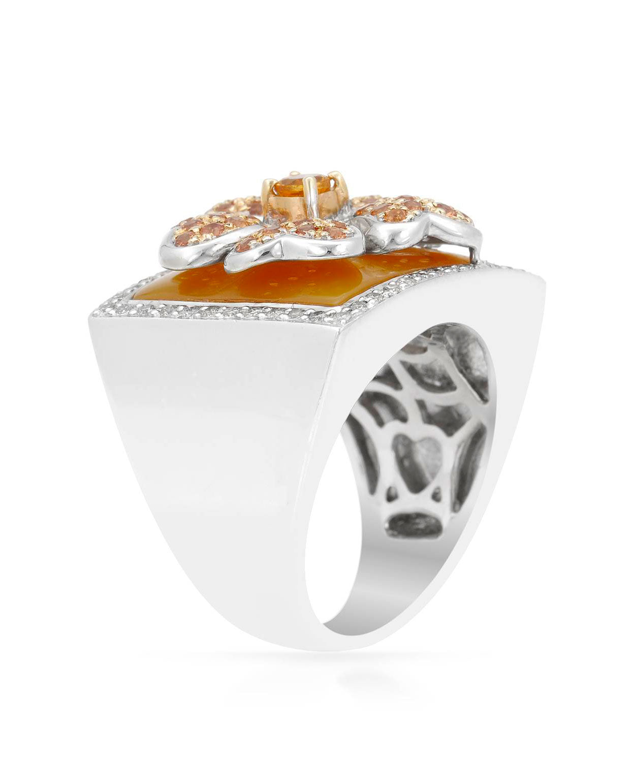 1.01 ctw Natural Orange Sapphire, Diamond and Citrine 18k Gold Flower Cocktail Ring - With Mother Of Pearl Inlay View 2