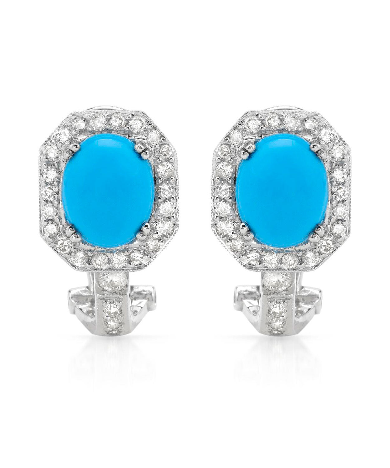 4.56 ctw Natural Turquoise and Diamond 14k White Gold Halo Earrings View 1