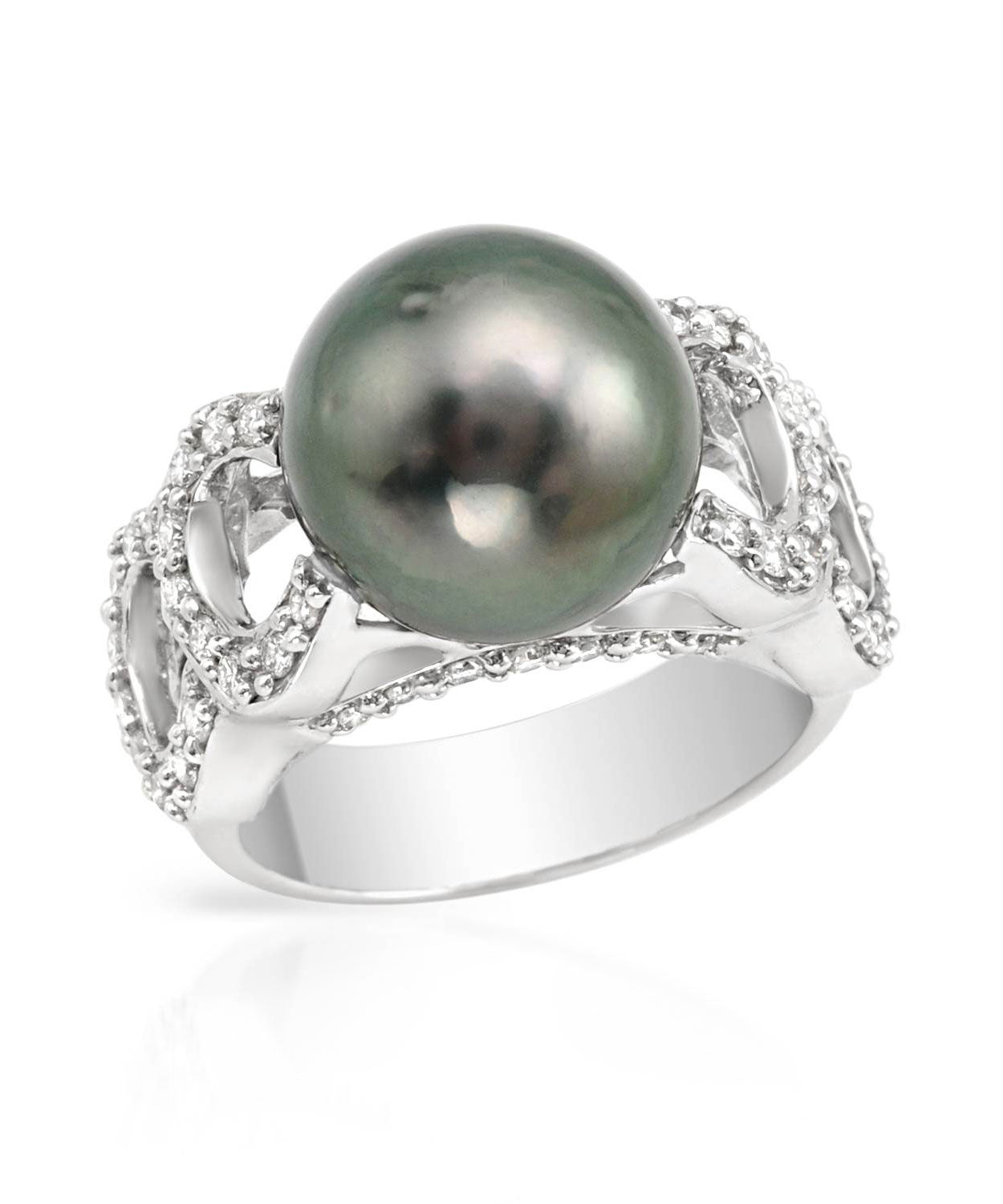 Natural Tahitian Pearl and Diamonds 18k White Gold Right Hand Ring View 1