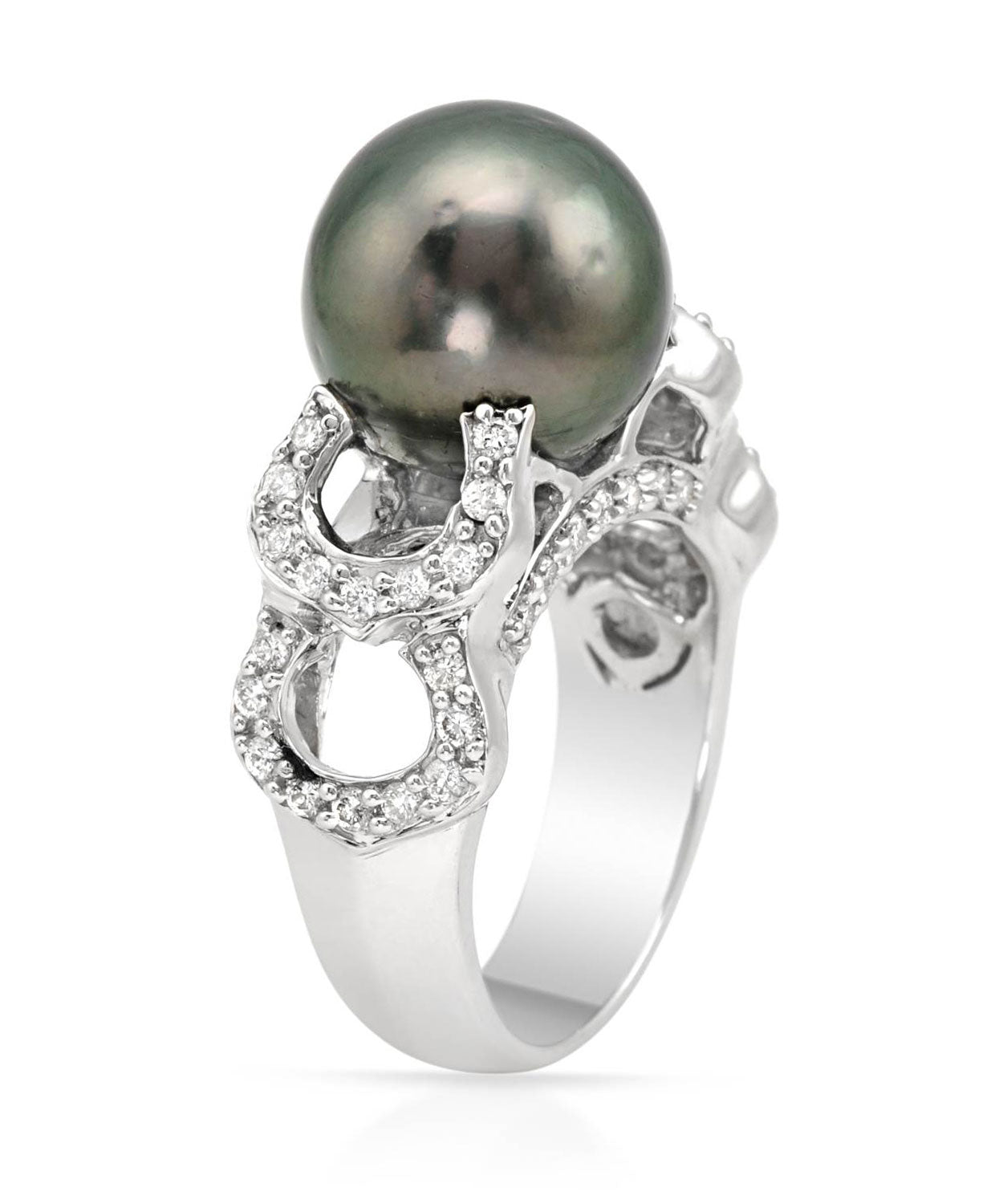 Natural Tahitian Pearl and Diamonds 18k White Gold Right Hand Ring View 2