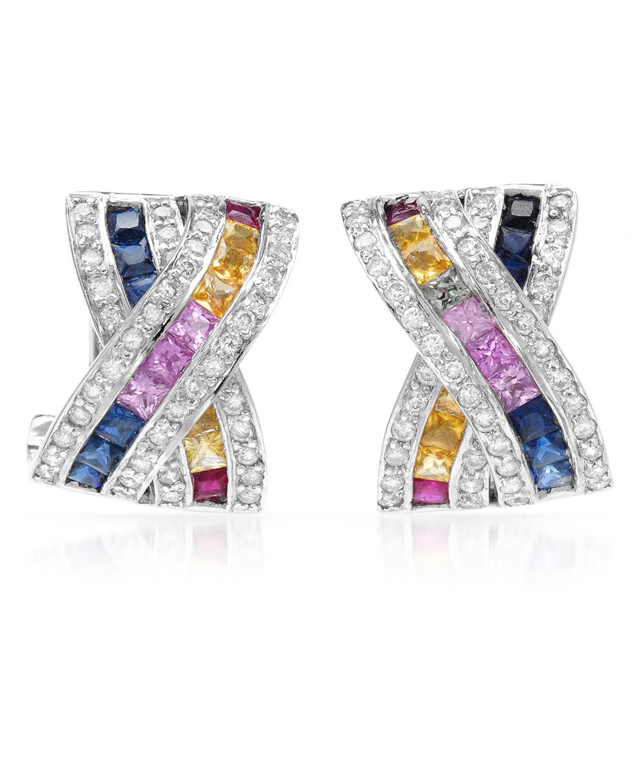 3.68 ctw Natural Multi-Color Sapphire and Diamond 14k White Gold Earrings View 1