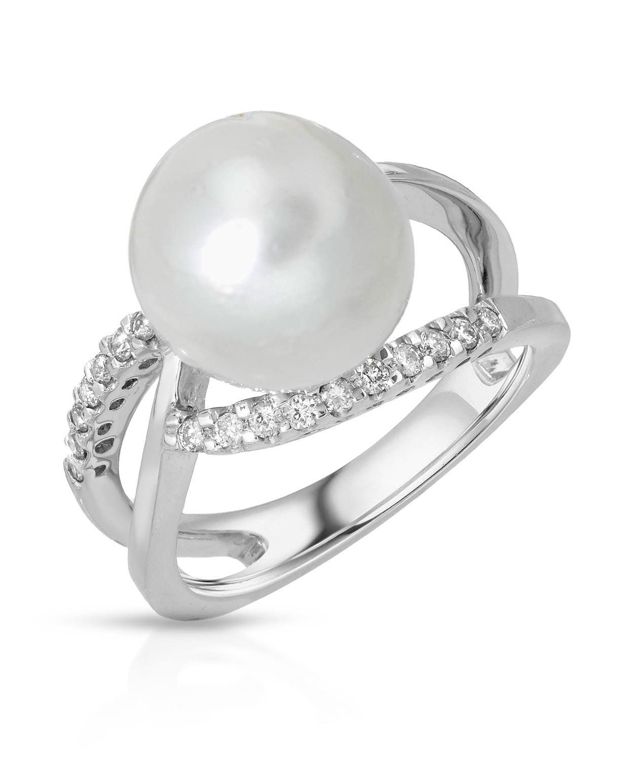 11.5 mm Natural Freshwater Pearl and Diamond 18k White Gold Ring View 1