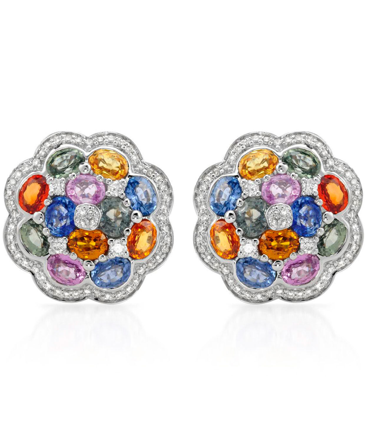 11.86 ctw Natural Multi-Color Sapphire and Diamond 14k Gold Flower Cocktail Earrings View 1