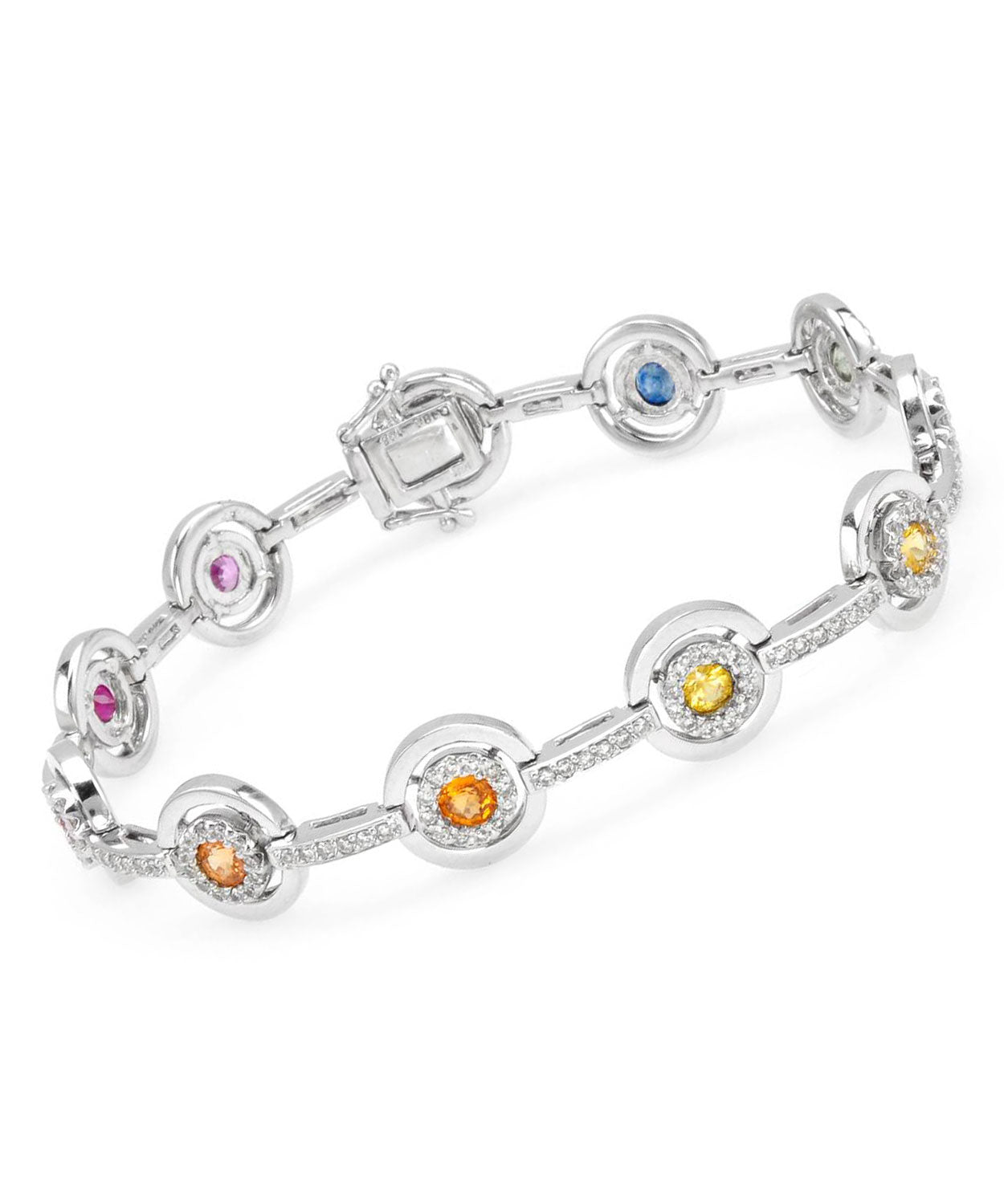 4.80 ctw Natural Multi-Color Sapphire, Diamond and Ruby 14k Gold Rainbow Link Bracelet View 1