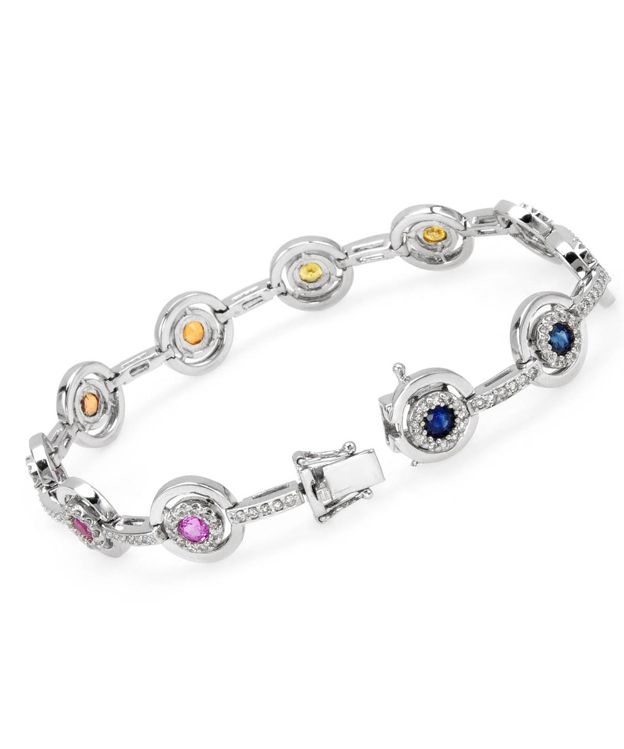 4.80 ctw Natural Multi-Color Sapphire, Diamond and Ruby 14k Gold Rainbow Link Bracelet View 2
