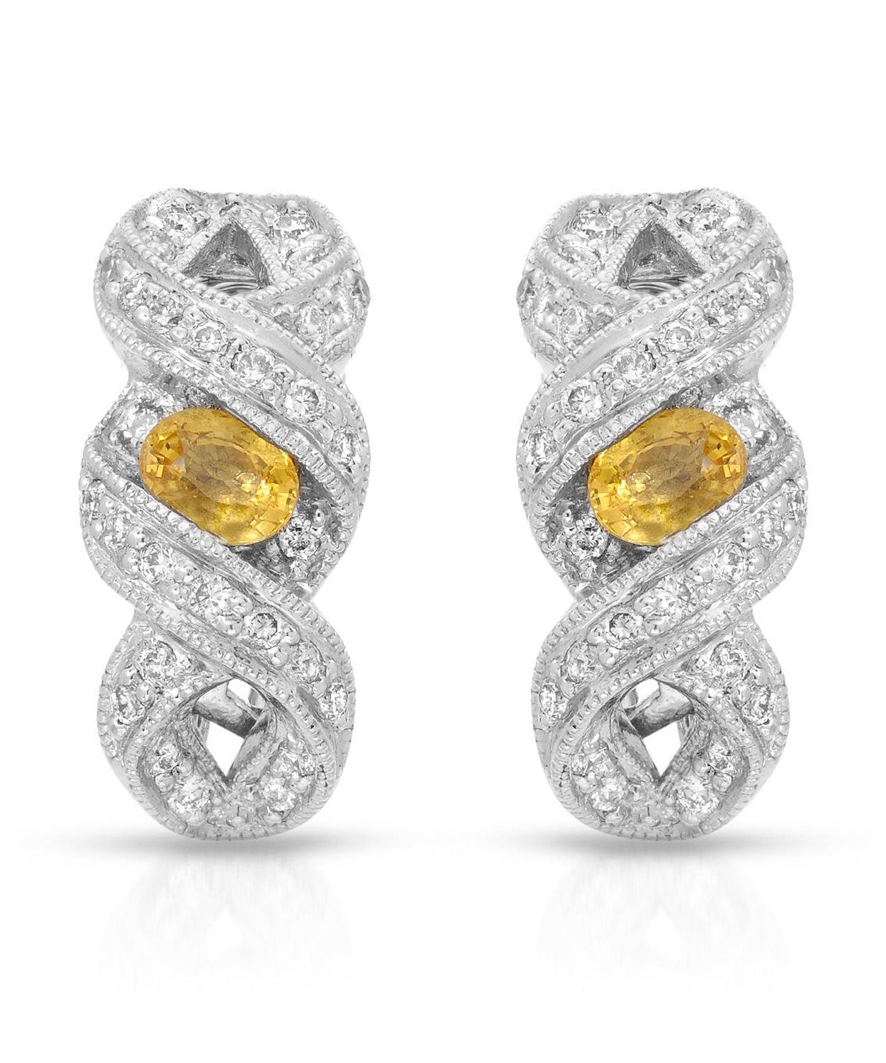 1.00 ctw Natural Yellow Sapphire and Diamond 14k White Gold Intertwined Earrings View 1