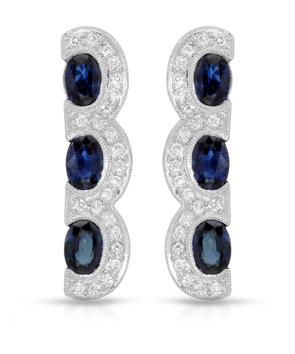 3.87 ctw Natural Blue Sapphire and Diamond 18k White Gold Three-Stone Earrings View 1