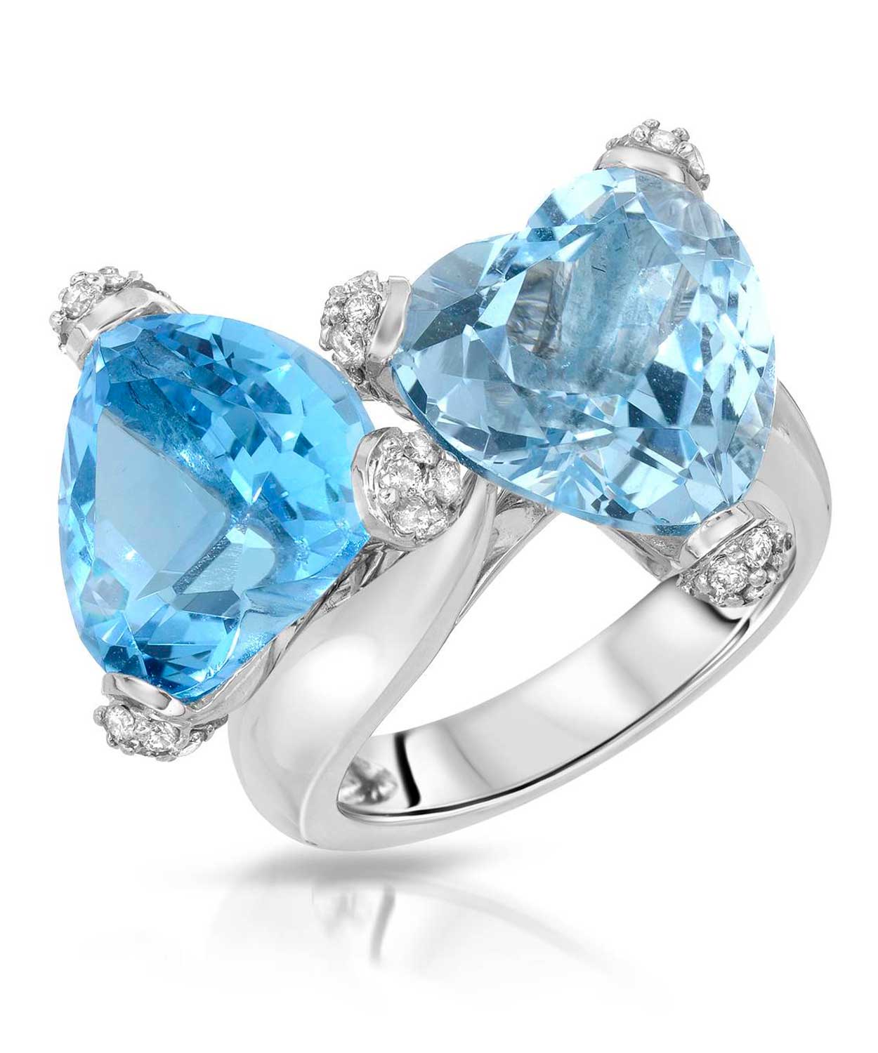 16.19 ctw Natural Swiss Blue Topaz and Diamond 14k Gold Double Heart Cocktail Ring View 1
