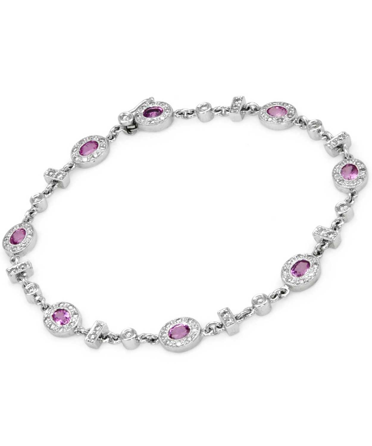 3.00 ctw Natural Pink Sapphire and Diamond 14k White Gold Oval Link Bracelet View 1