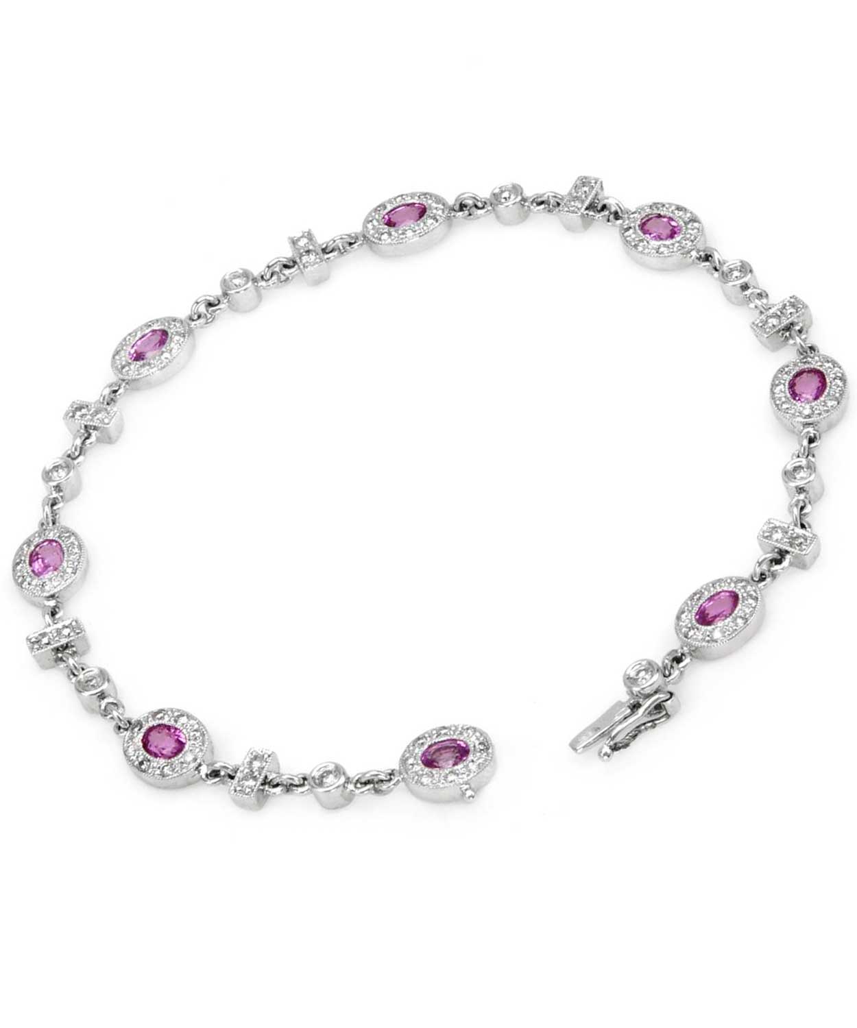 3.00 ctw Natural Pink Sapphire and Diamond 14k White Gold Oval Link Bracelet View 3
