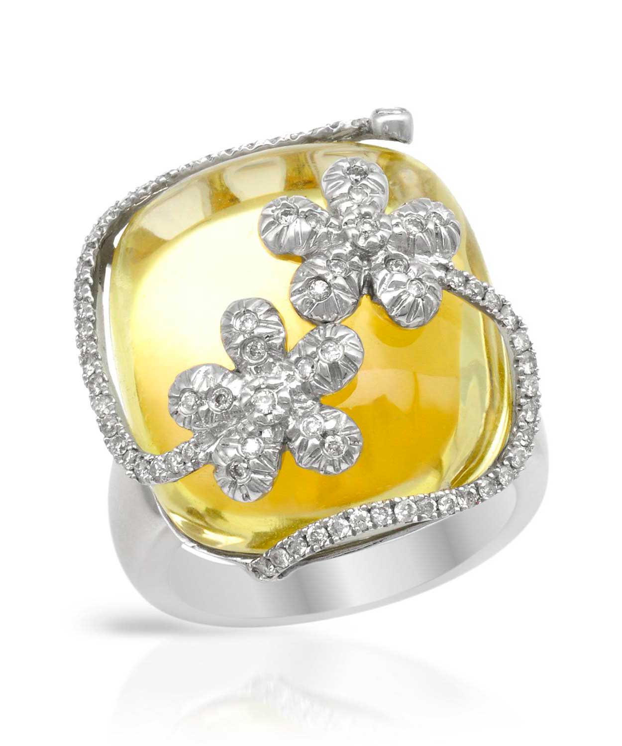 28.60 ctw Natural Lemon Quartz and Diamond 18k Gold Flower Cocktail Ring - With Mother Of Pearl Inlay View 1