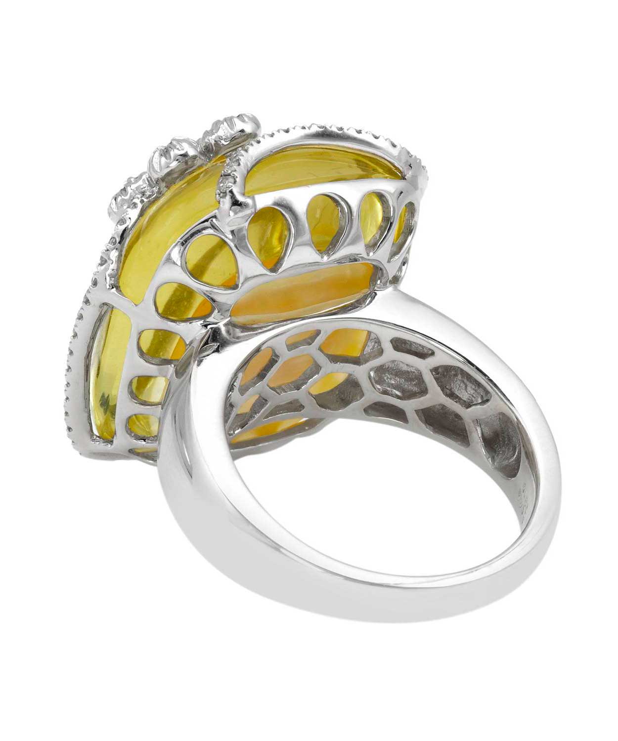 28.60 ctw Natural Lemon Quartz and Diamond 18k Gold Flower Cocktail Ring - With Mother Of Pearl Inlay View 2