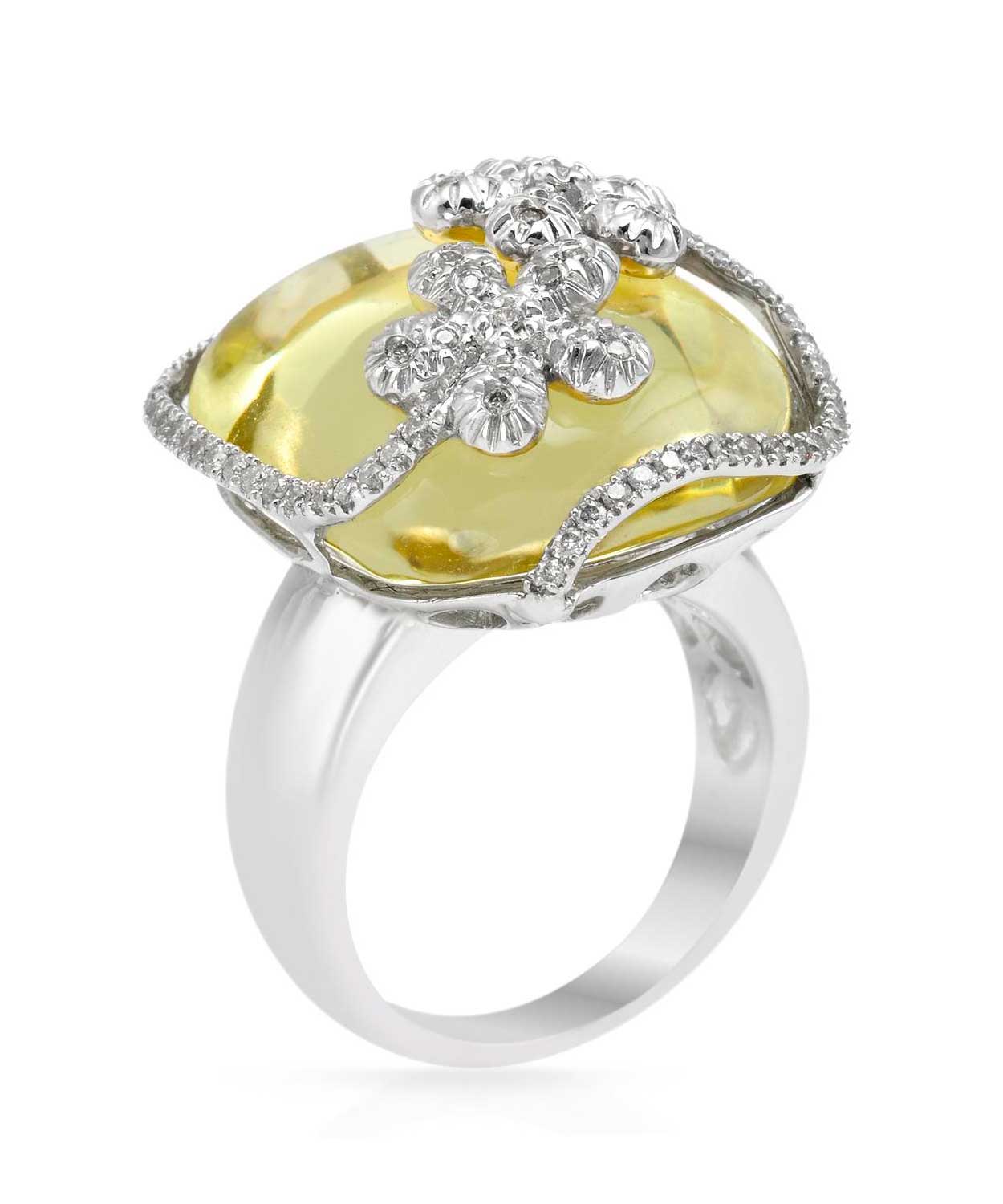 28.60 ctw Natural Lemon Quartz and Diamond 18k Gold Flower Cocktail Ring - With Mother Of Pearl Inlay View 3