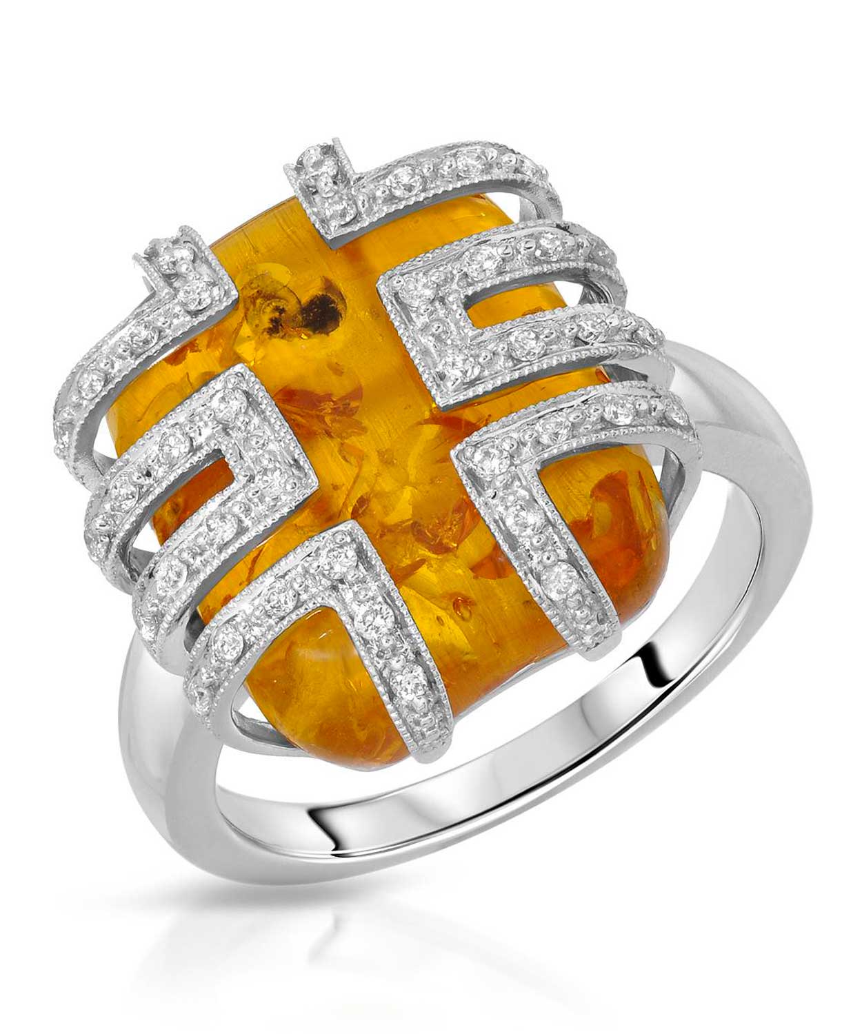 4.92 ctw Natural Honey Amber and Diamond 14k White Gold Art Deco Style Ring View 1