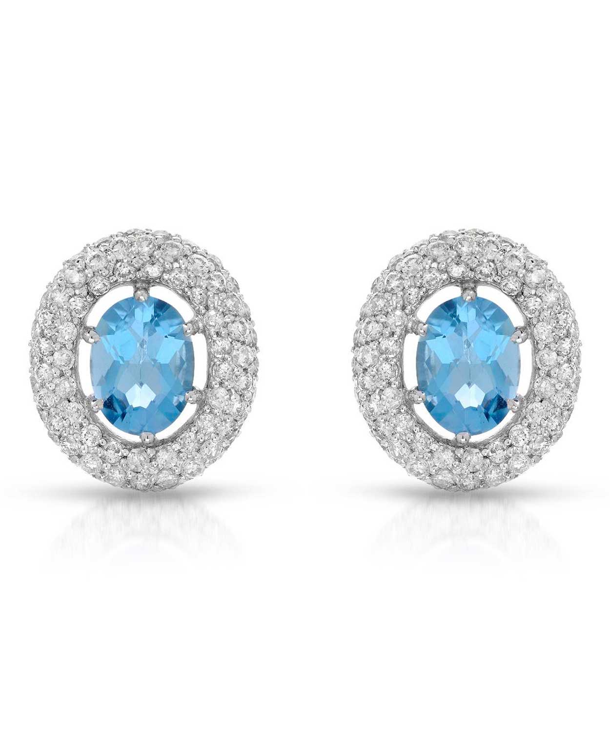 4.40 ctw Natural Swiss Blue Topaz and Diamond 14k White Gold Halo Stud Earrings View 1