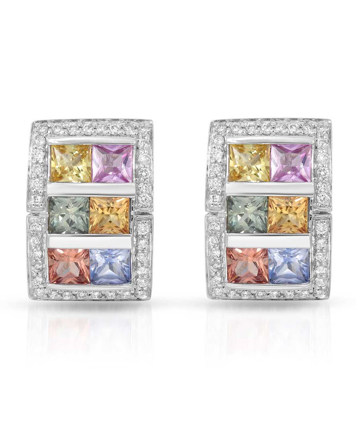 5.40 ctw Natural Multi-Color Sapphire and Diamond 14k Gold Rectangle Cocktail Earrings View 1