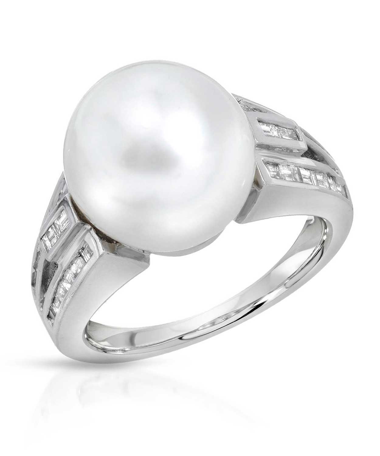 0.70 ctw Natural Fine White Freshwater Pearl and Diamond 14k Gold Bold Ring View 1