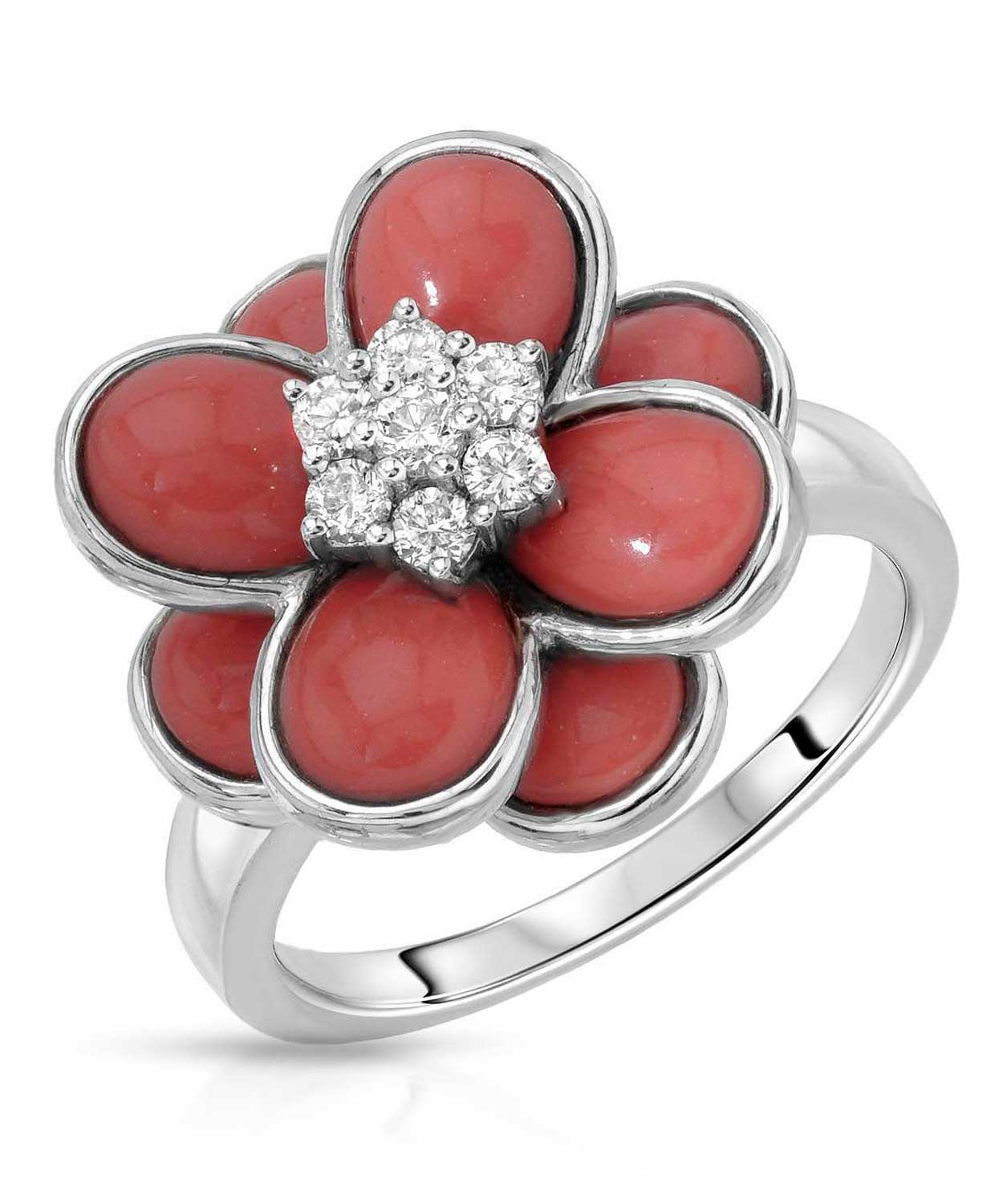 4.80 ctw Natural Coral and Diamond 18k White Gold Flower Ring View 1