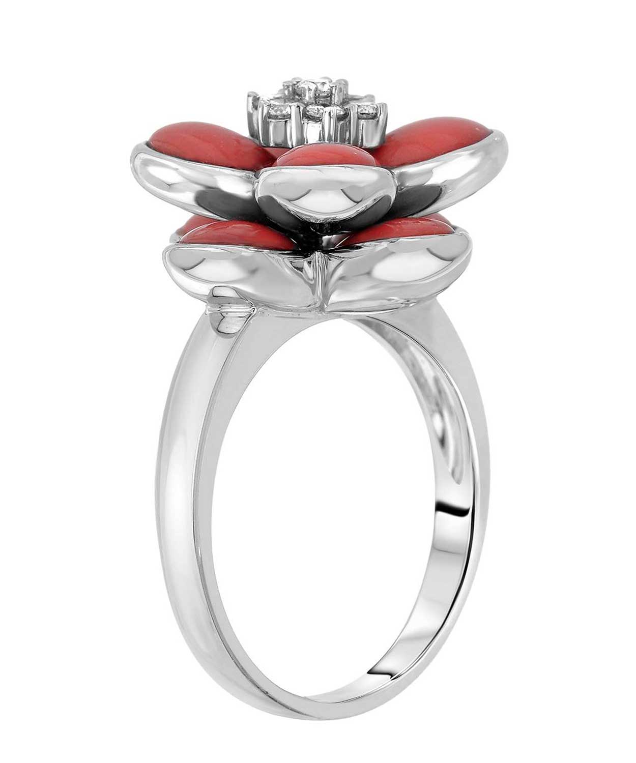 4.80 ctw Natural Coral and Diamond 18k White Gold Flower Ring View 2