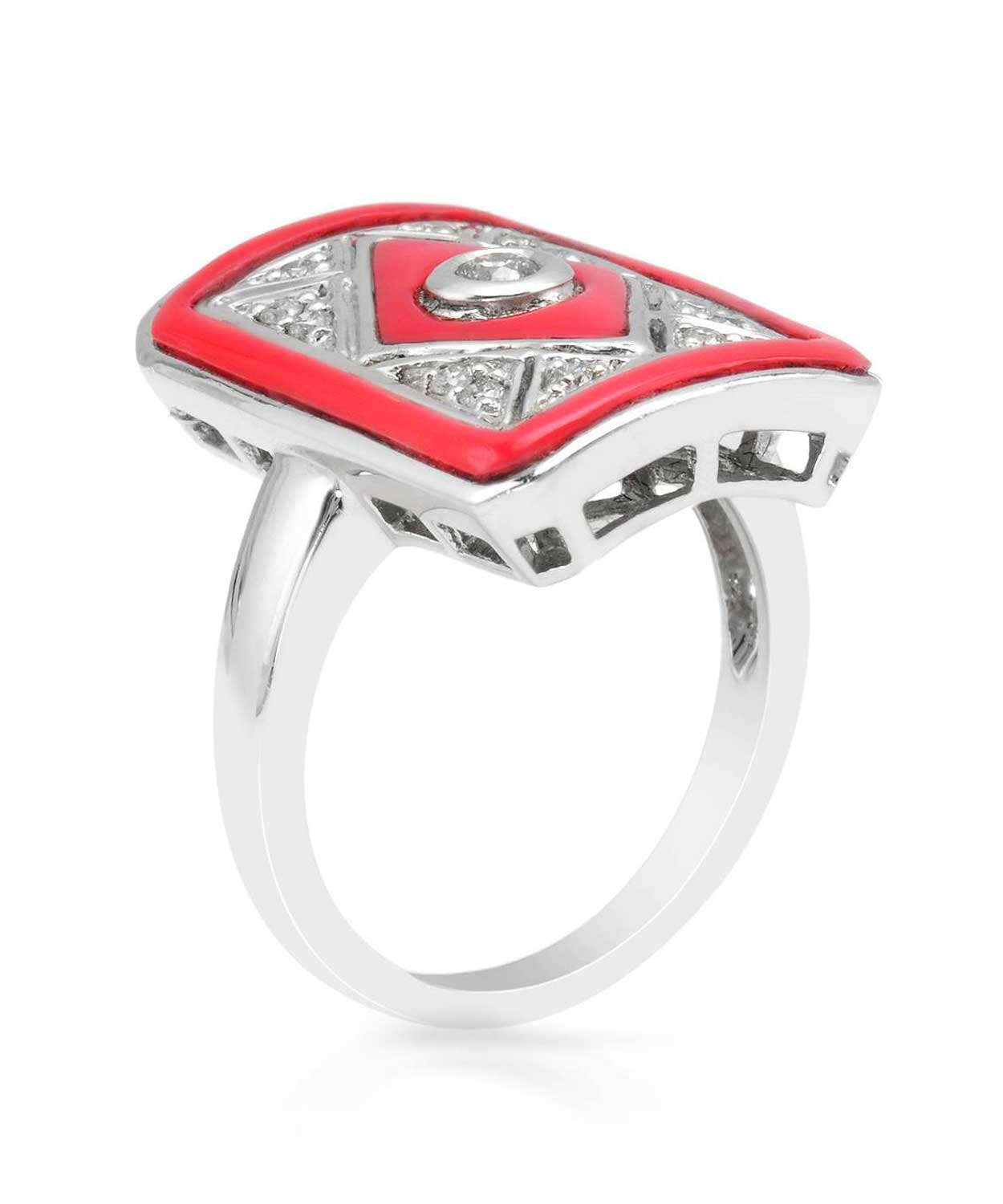 1.37 ctw Natural Red Coral and Diamond 14k White Gold Art Deco Style Ring View 2
