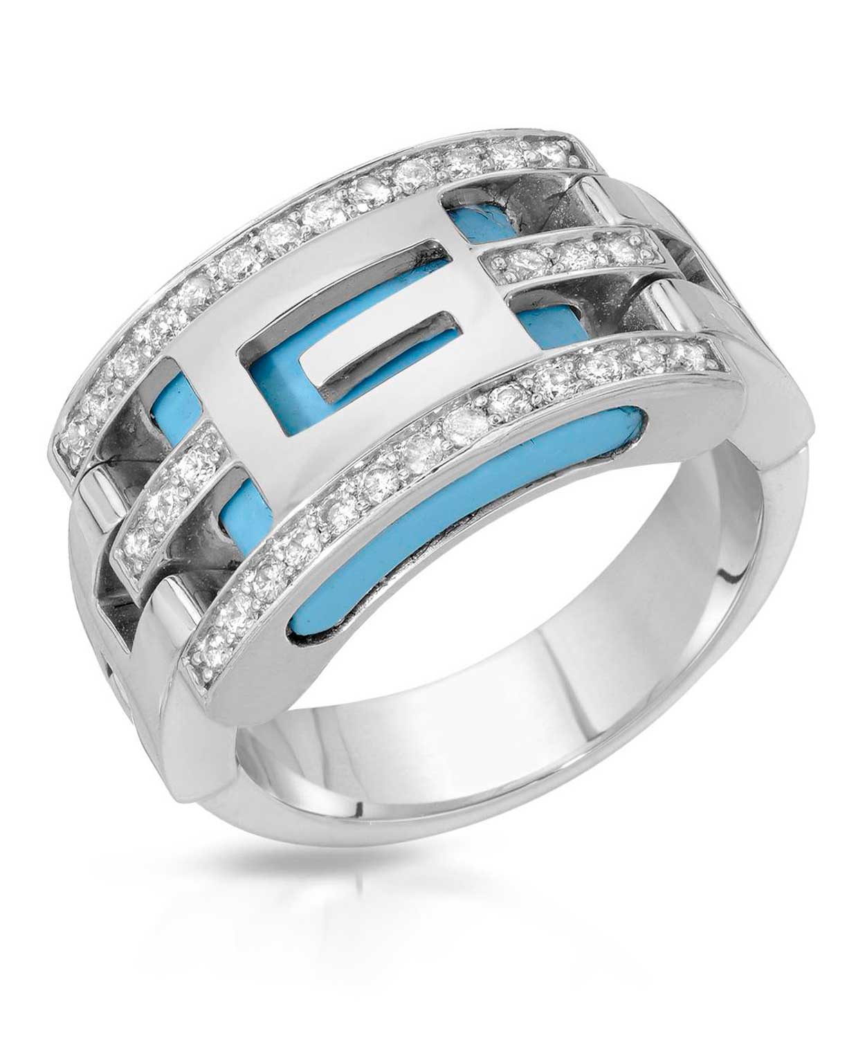 2.66 ctw Created Turquoise and Diamond 14k White Gold Designer Right Hand Ring View 1