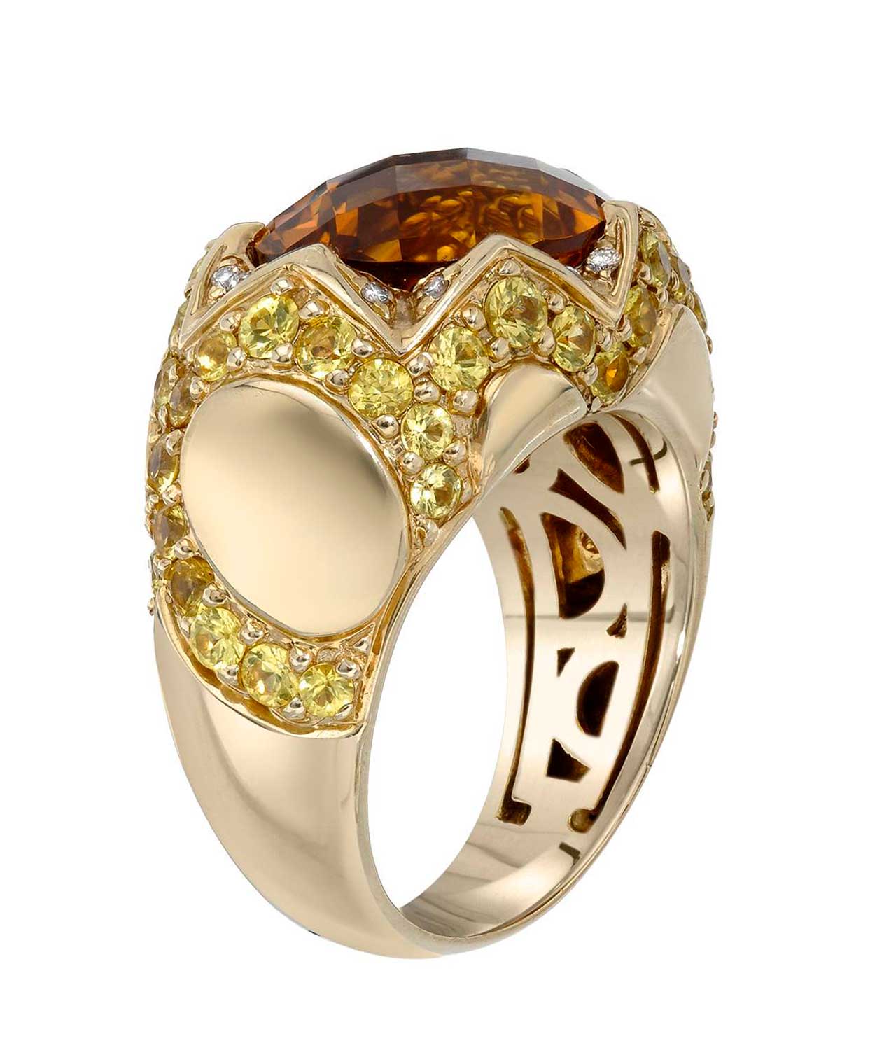 7.42 ctw Natural Honey Citrine, Golden Sapphire and Diamond 14k Gold Statement Cocktail Ring View 2