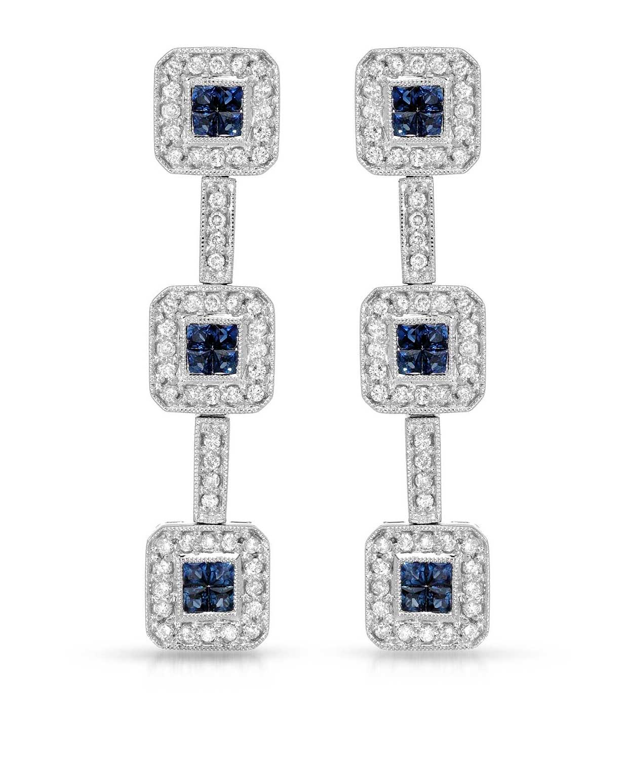 1.94 ctw Natural Blue Sapphire and Diamond 14k White Gold Three-Stone Earrings View 1