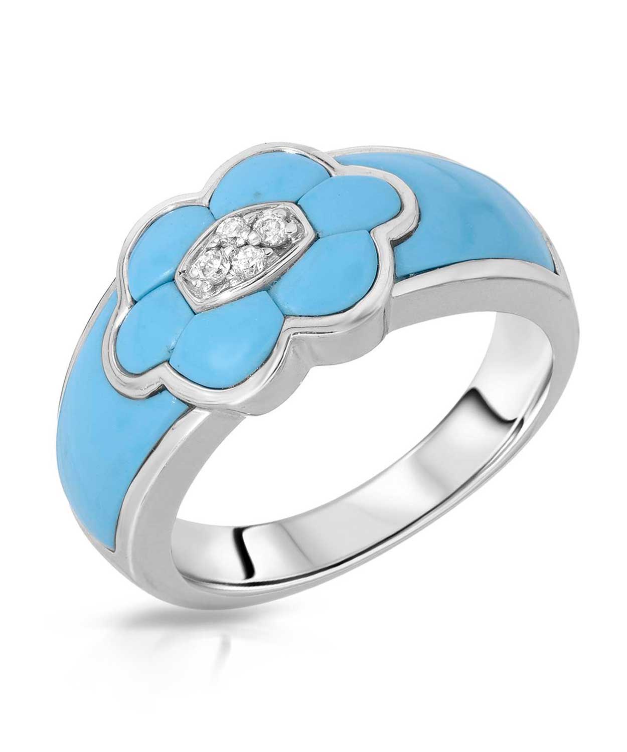 Natural Sleeping Beauty Turquoise and Diamond 14k White Gold Flower Right Hand Ring View 1