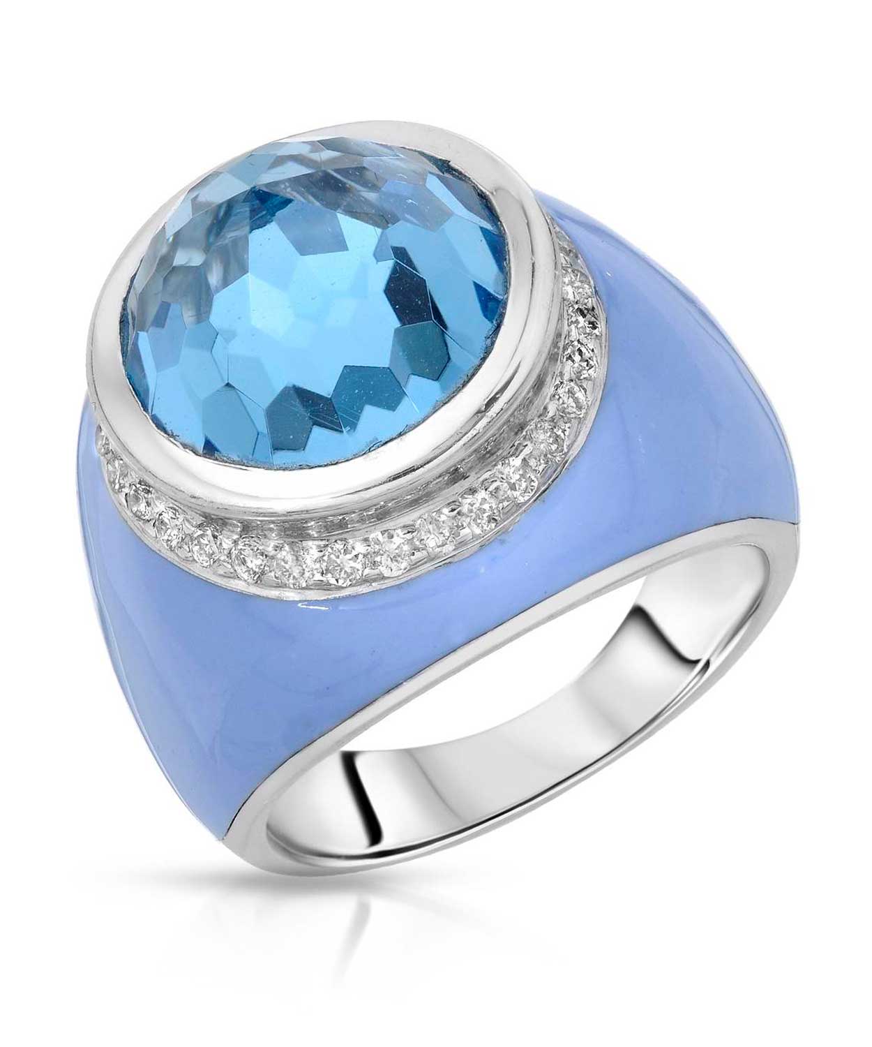 10.63 ctw Natural Swiss Blue Topaz and Diamond 14k White Gold & Enamel Cocktail Ring View 1