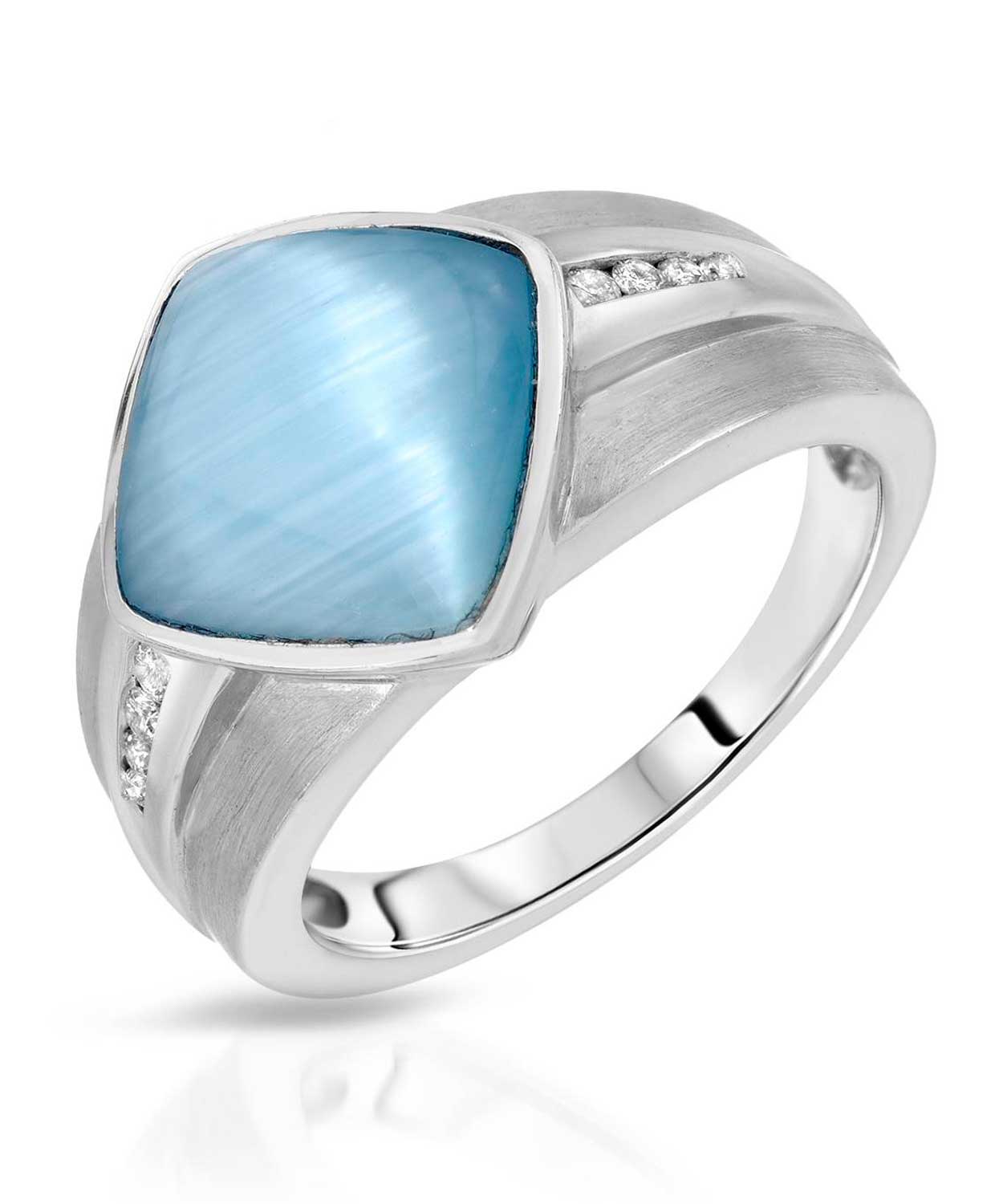 4.96 ctw Created Blue Cat's Eye and Diamond 14k White Gold Square Ring View 1