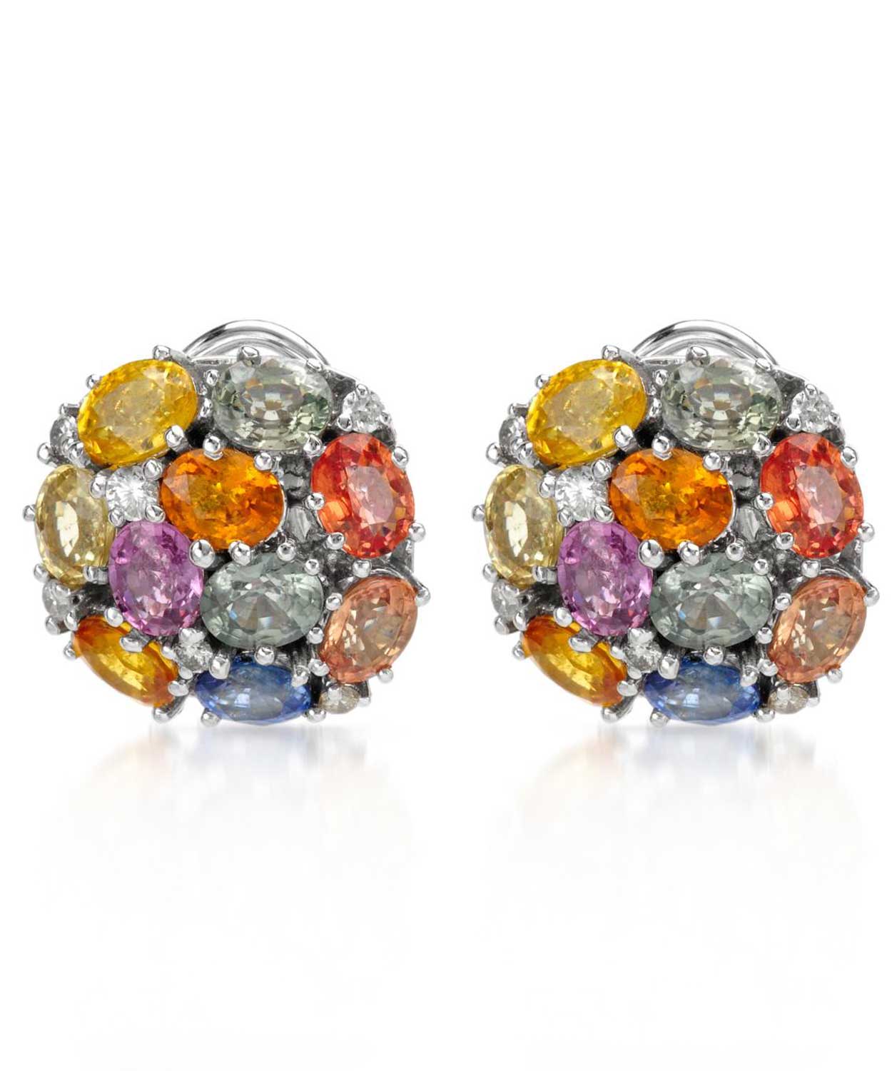 9.45 ctw Natural Multi-Color Sapphire and Diamond 14k White Gold Cluster Earrings View 1