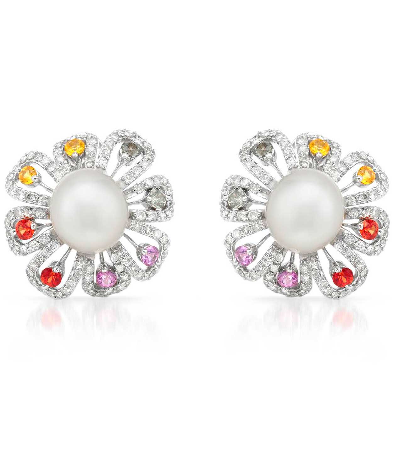 5.17 ctw Natural Freshwater Pearl, Diamond and Multi-Color Sapphire 14k Gold Flower Earrings View 1