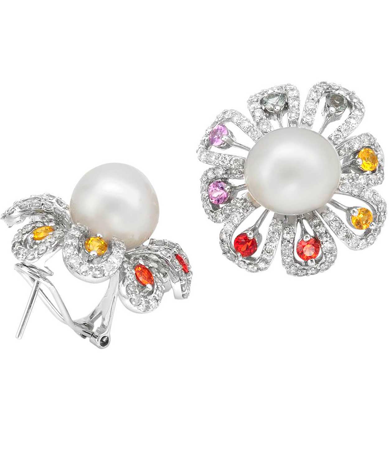 5.17 ctw Natural Freshwater Pearl, Diamond and Multi-Color Sapphire 14k Gold Flower Earrings View 2
