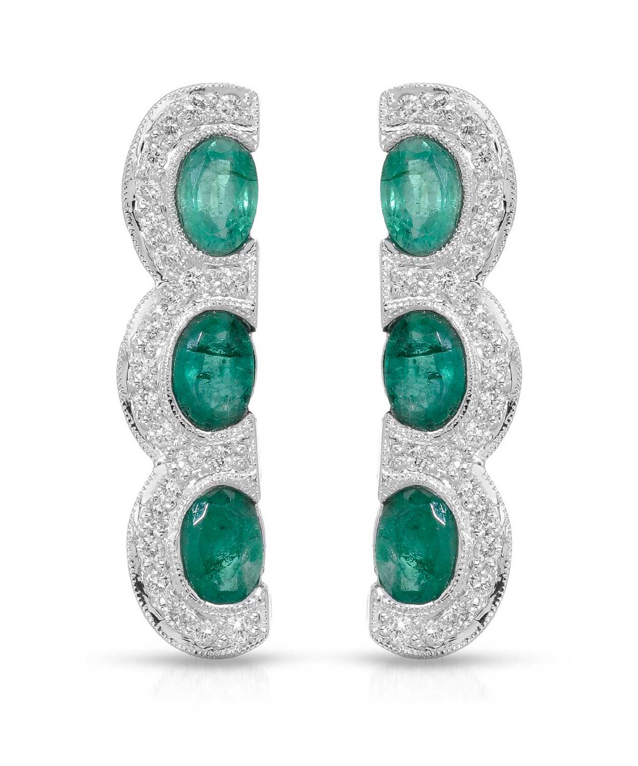 3.15 ctw Natural Emerald and Diamond 18k White Gold Three-Stone Earrings View 1