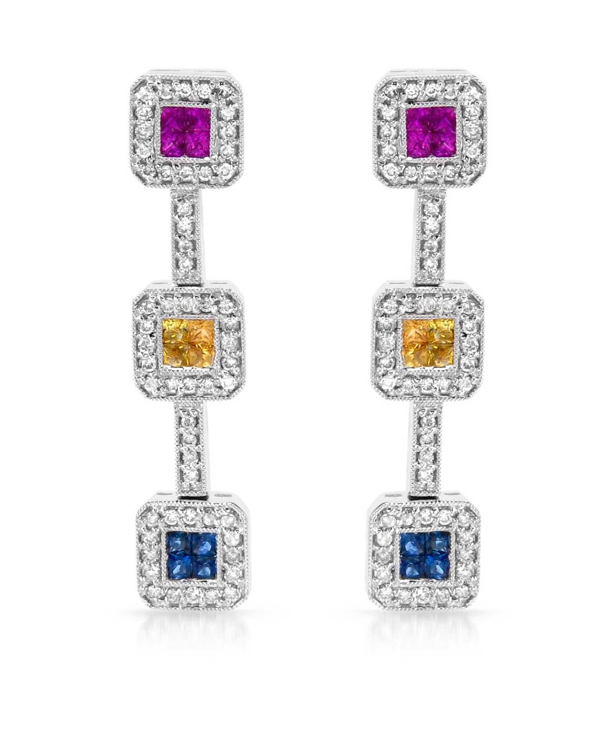2.10 ctw Natural Multi-Color Sapphire and Diamond 14k Gold Three-Stone Earrings View 1