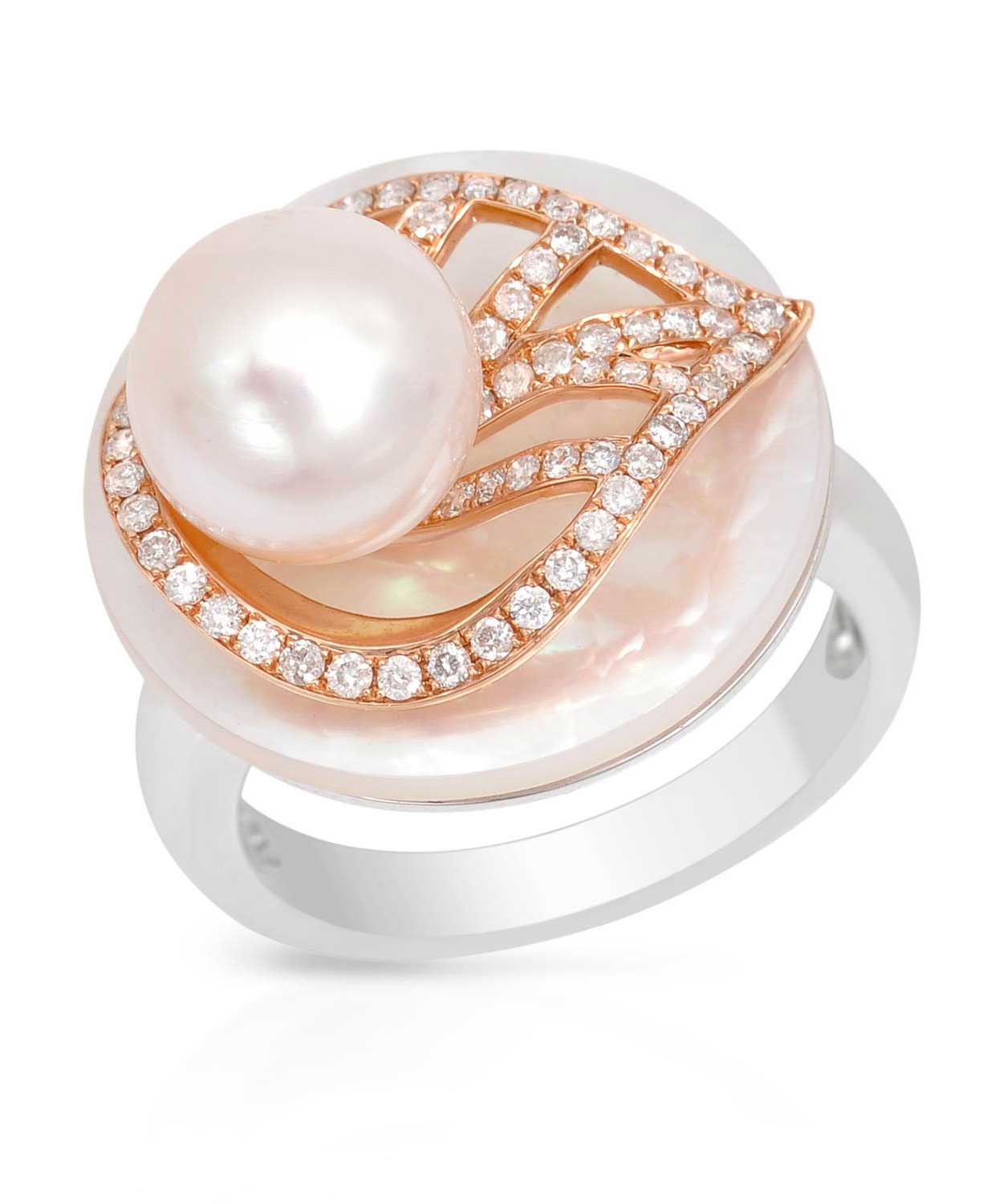 9 mm Natural Freshwater Pearl and 0.37 ctw Diamonds 14k Gold & Mother Of Pearl Leaf Ring View 1