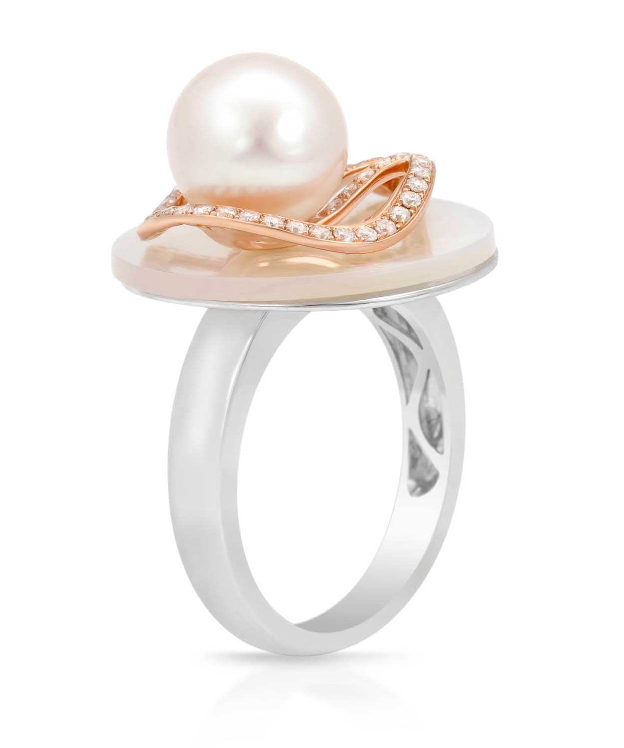 9 mm Natural Freshwater Pearl and 0.37 ctw Diamonds 14k Gold & Mother Of Pearl Leaf Ring View 2