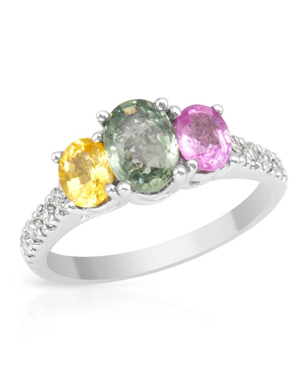2.18 ctw Natural Multi-Color Sapphire and Diamond 14k Gold Three-Stone Past-Present-Future Ring View 1