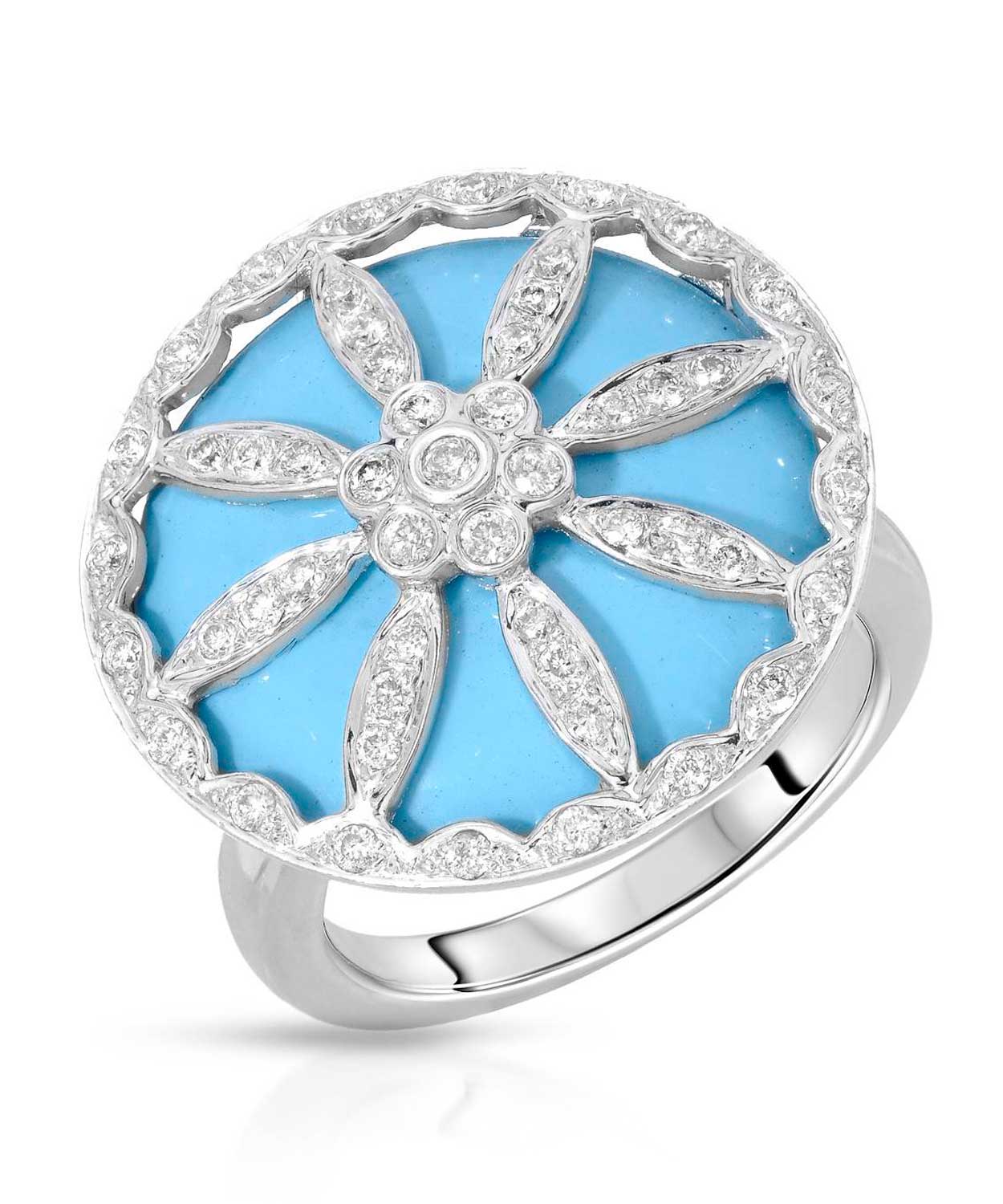 14.00 ctw Created Sleeping Beauty Turquoise and Diamond 14k Gold Flower Cocktail Ring View 1