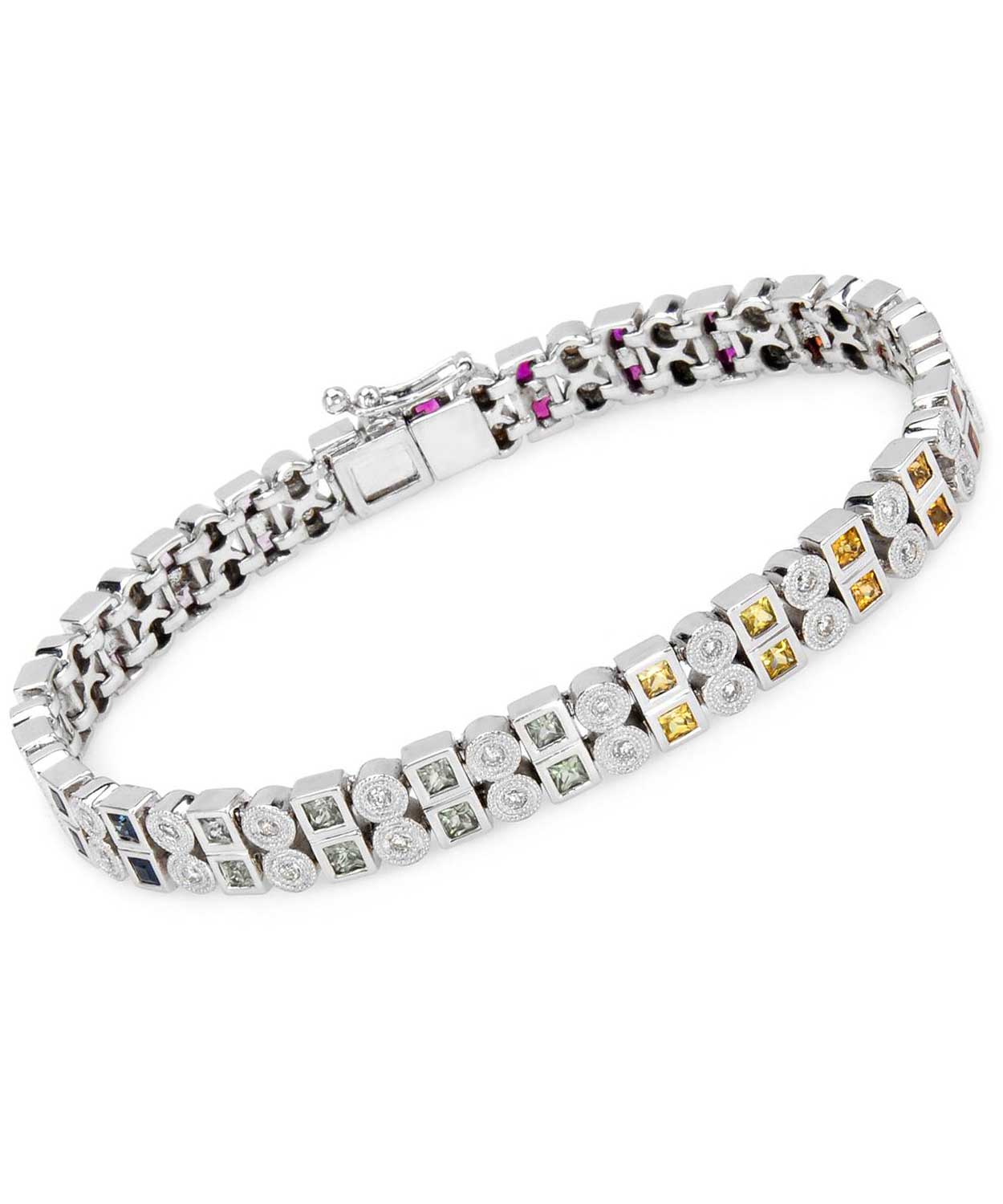 4.90 ctw Natural Multi-Color Sapphire and Diamond 14k White Gold Link Bracelet View 1