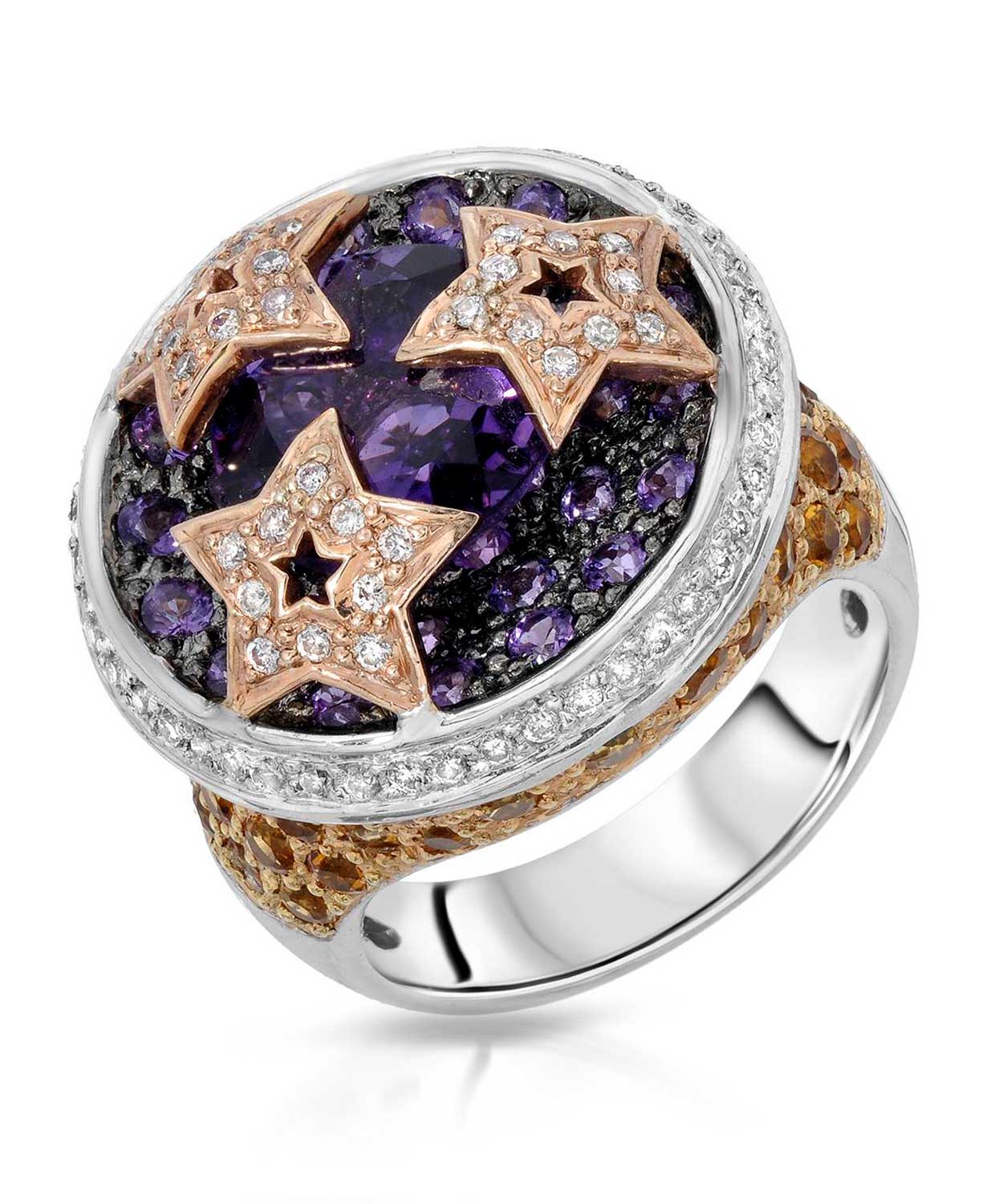 Glamour Collection 6.50 ctw Natural Amethyst, Honey Citrine and Diamond 14k Tri-Tone Gold Star Cocktail Ring View 1